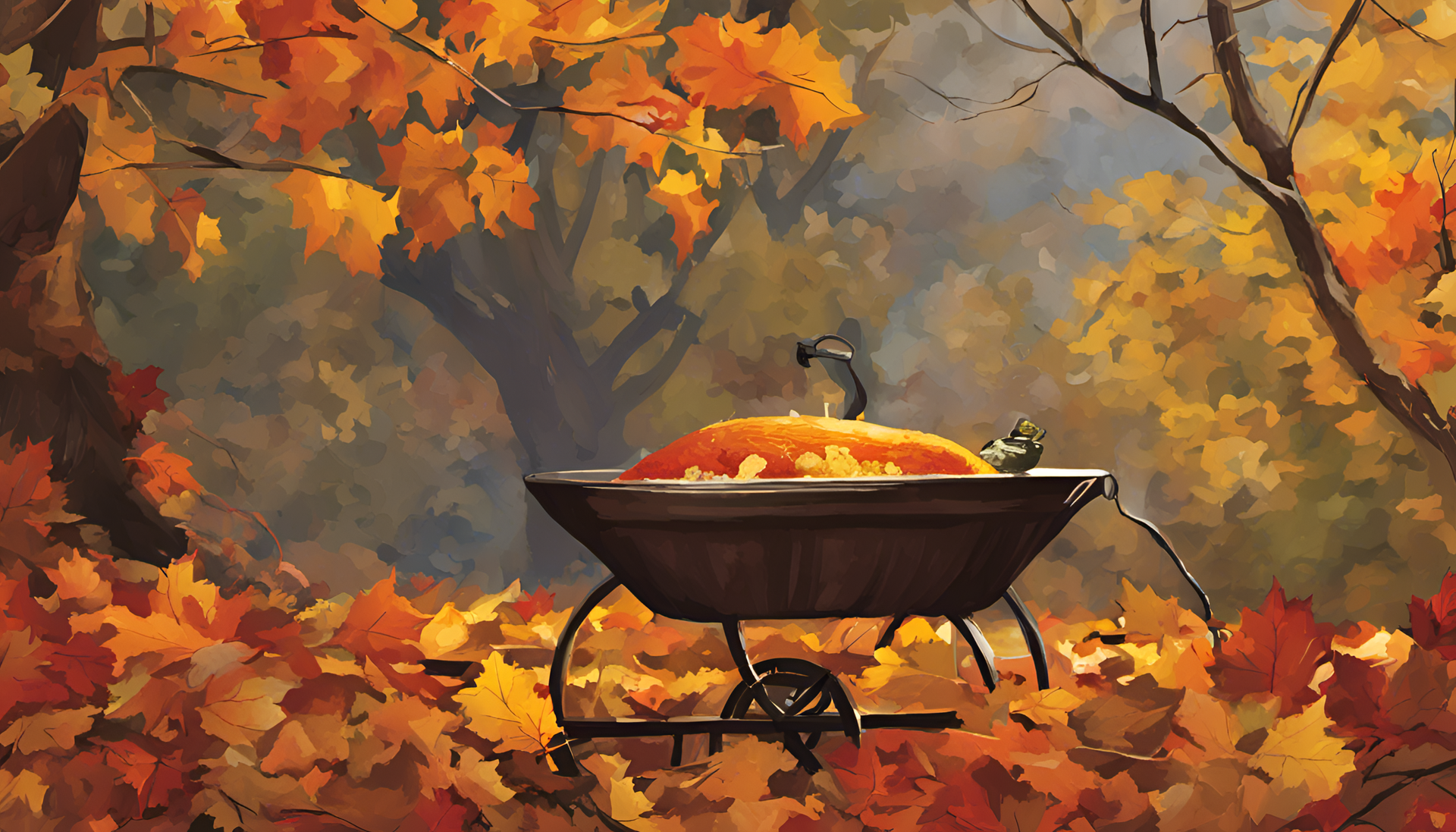 Thanksgiving feast with turkey, autumn decorations, and cornucopia centerpiece.