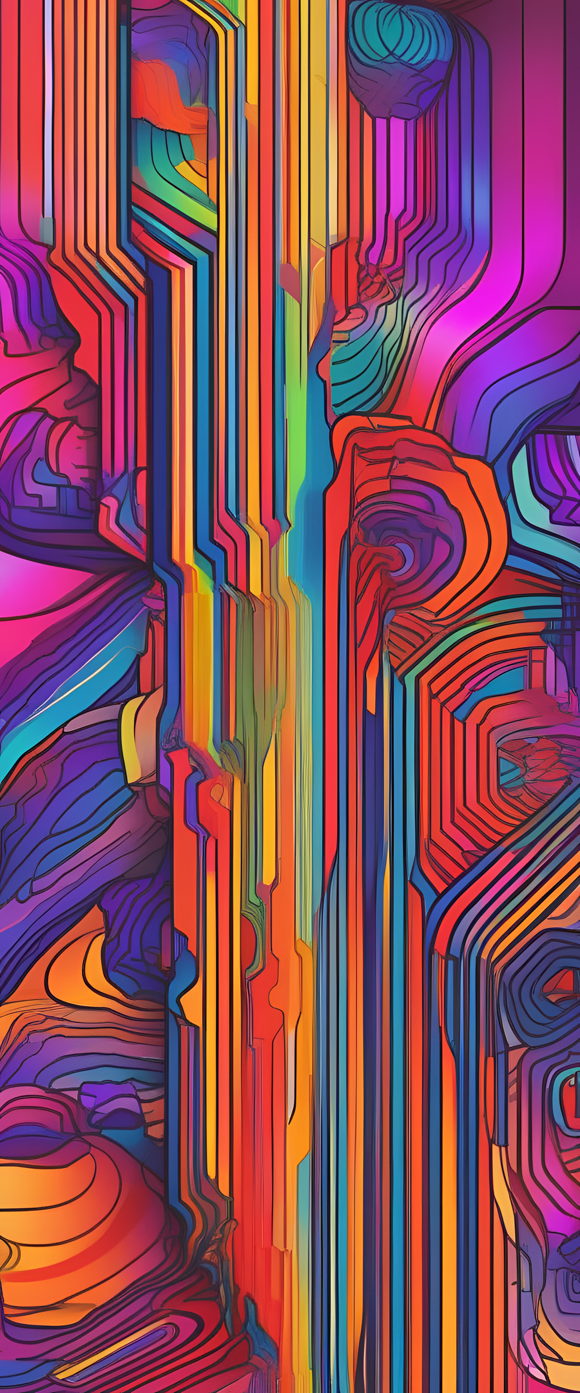 Psychedelic abstract artwork in vibrant complimentary colors, creating a visually trippy phone wallpaper.