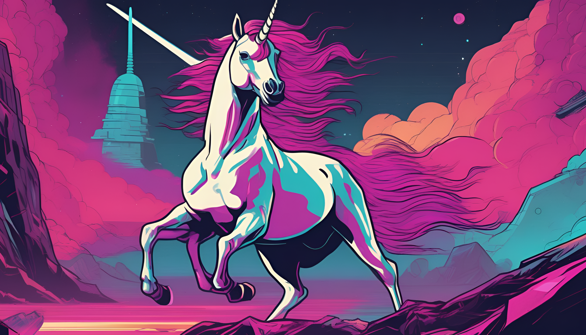 Rainbow-maned unicorn gallops through neon-lit cityscape, evoking 80's sci-fi artistic style.