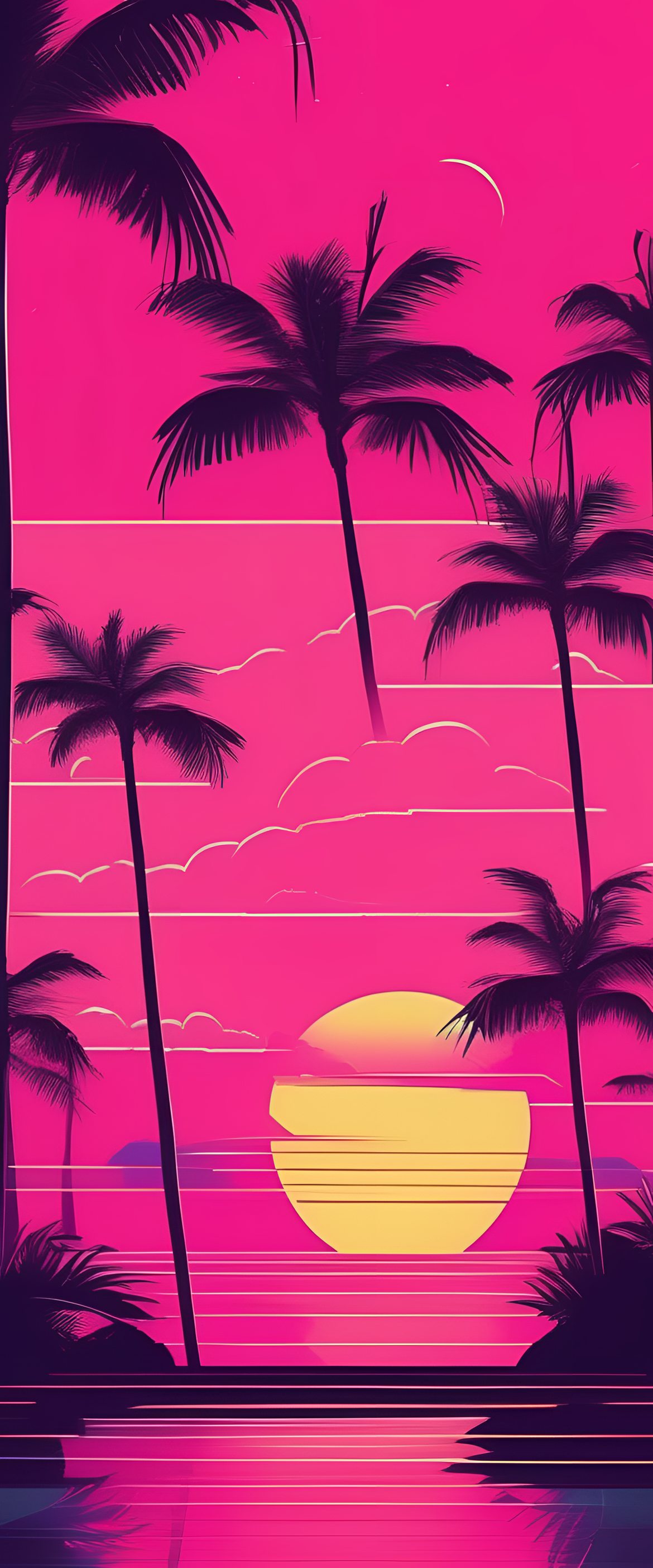 Retro-inspired Miami palm trees against a vibrant sunset backdrop.