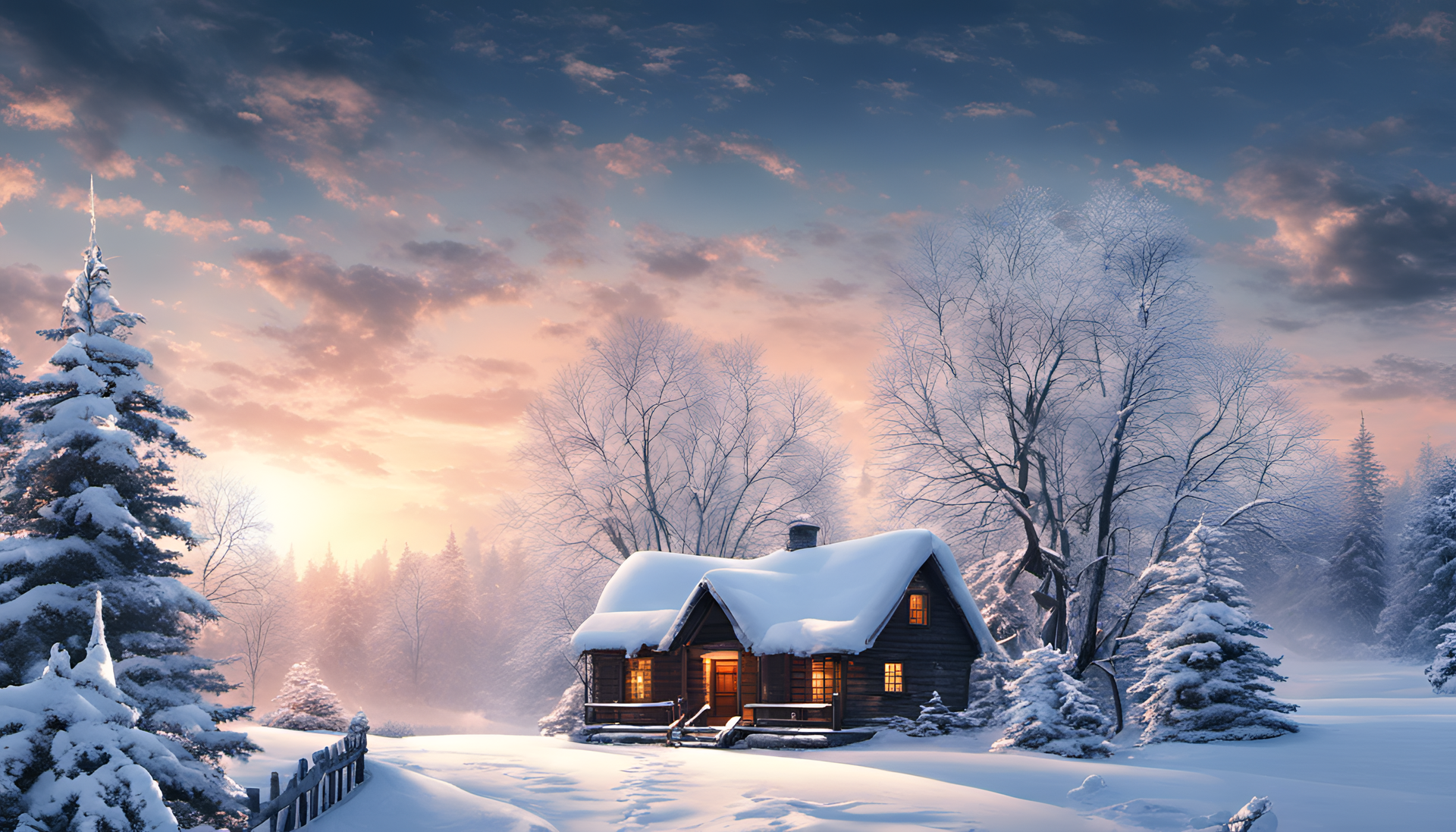 Snowy winter landscape with trees covered in snow, creating a serene and peaceful atmosphere.