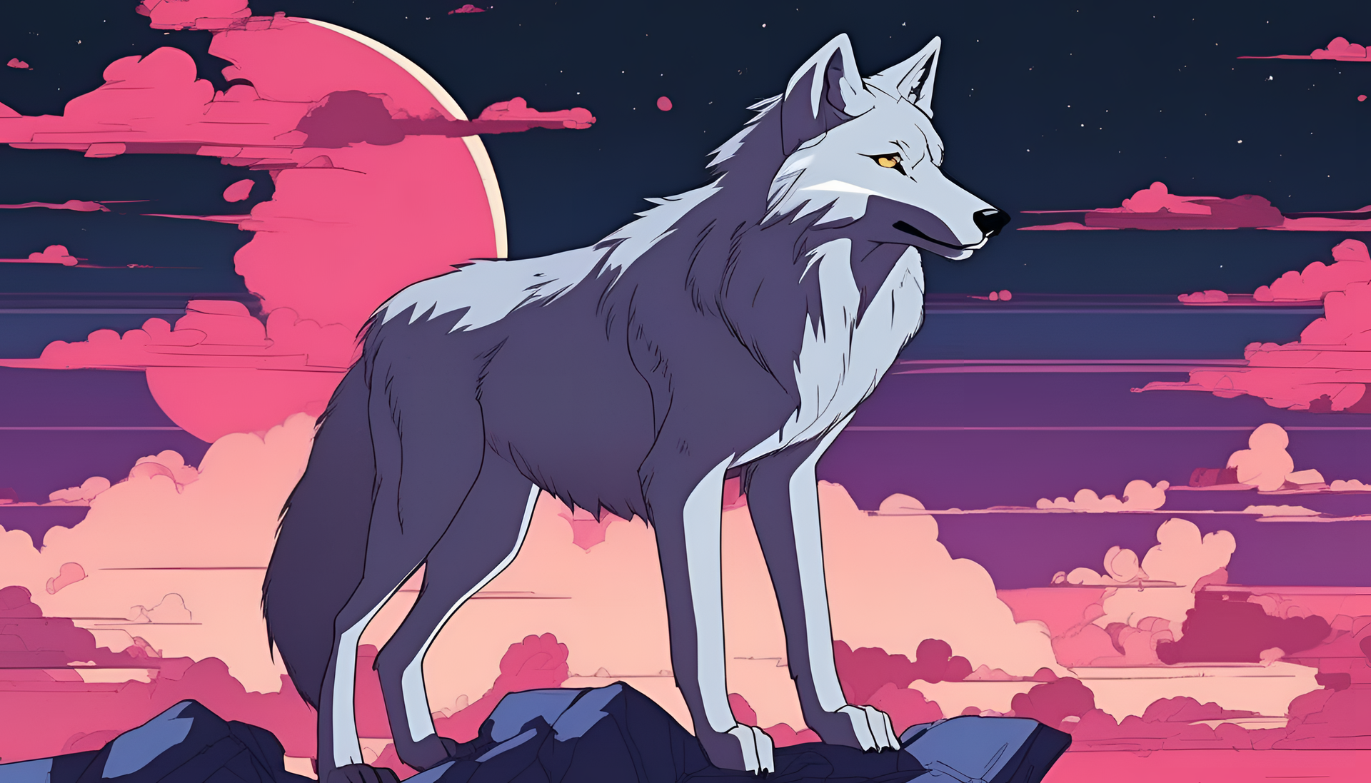 Anime wolf with a vibrant 90s aesthetic.