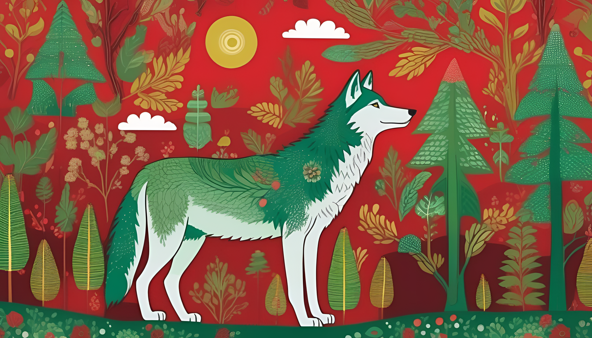 Colorful wolf in naive art style on a vibrant background.