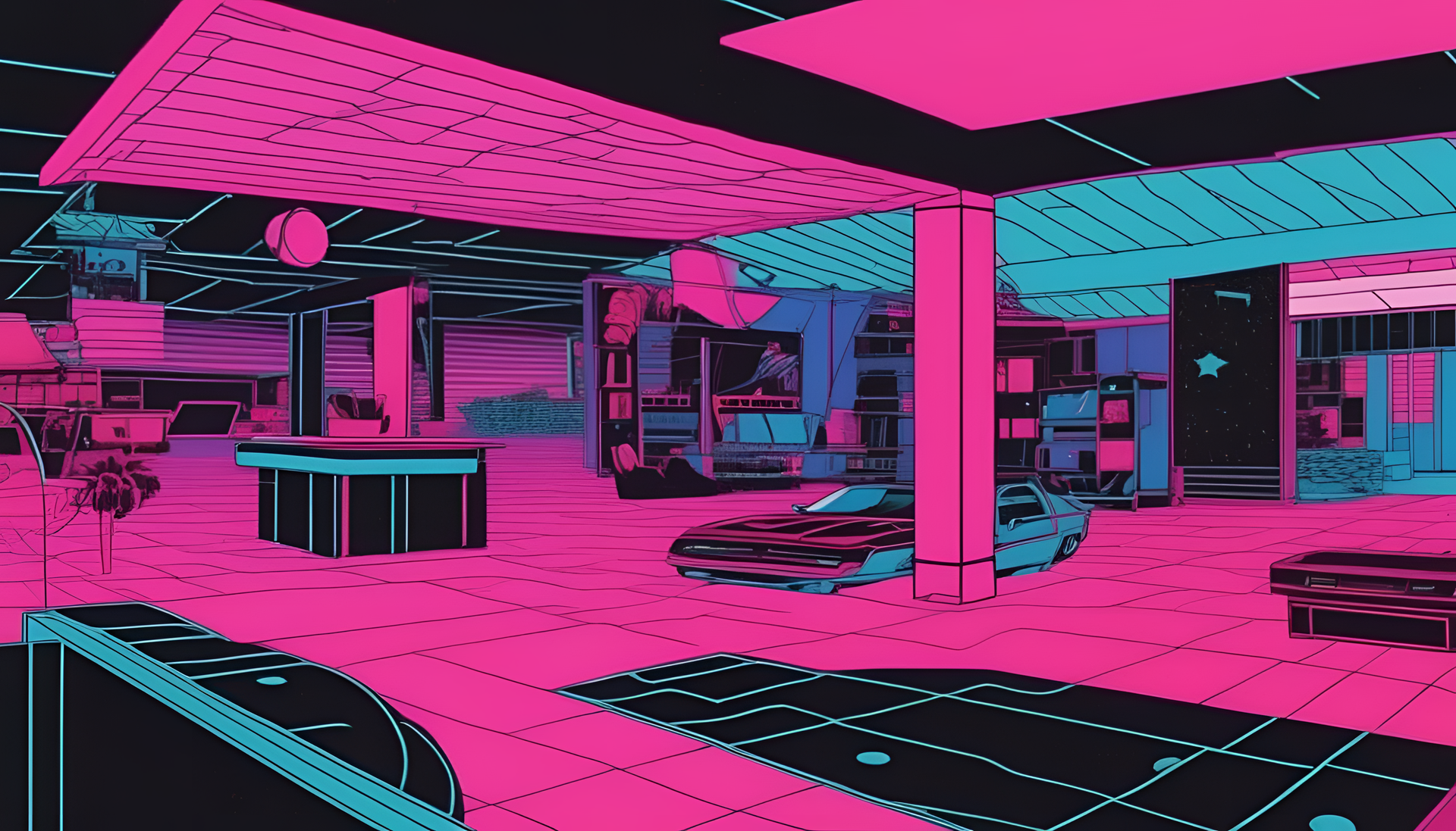 Colorful 1980s-inspired digital artwork with neon lights and vibrant retro patterns.