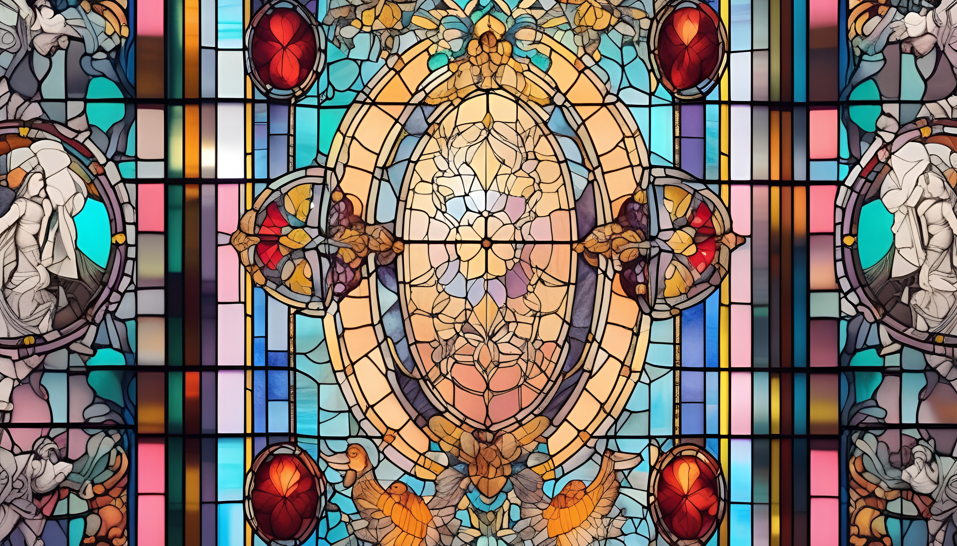 Colorful stained glass design inspired by Among Us on a pastel background.