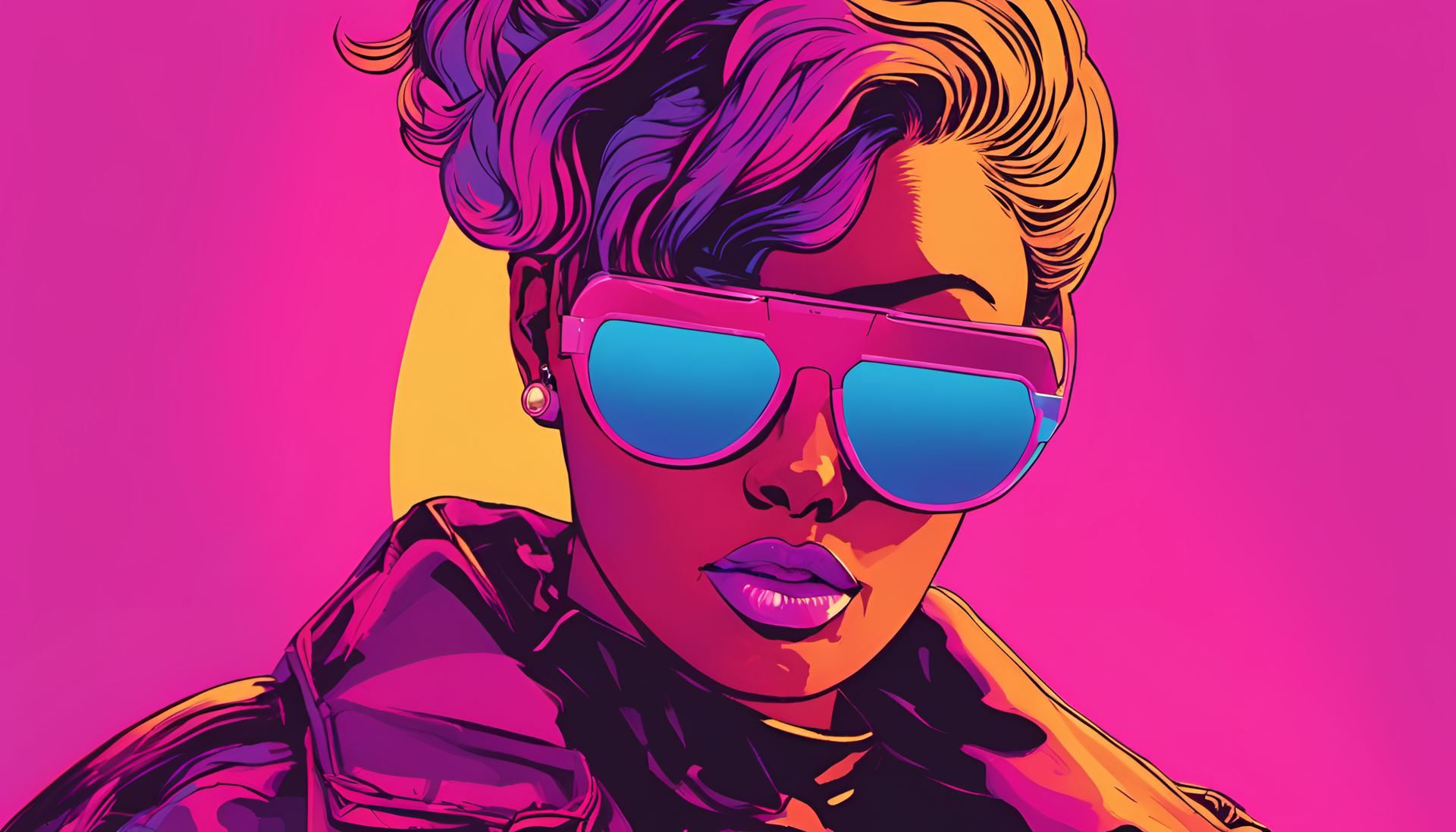 Retrowave-style sunglasses reflecting a cool aesthetic on a desktop wallpaper.