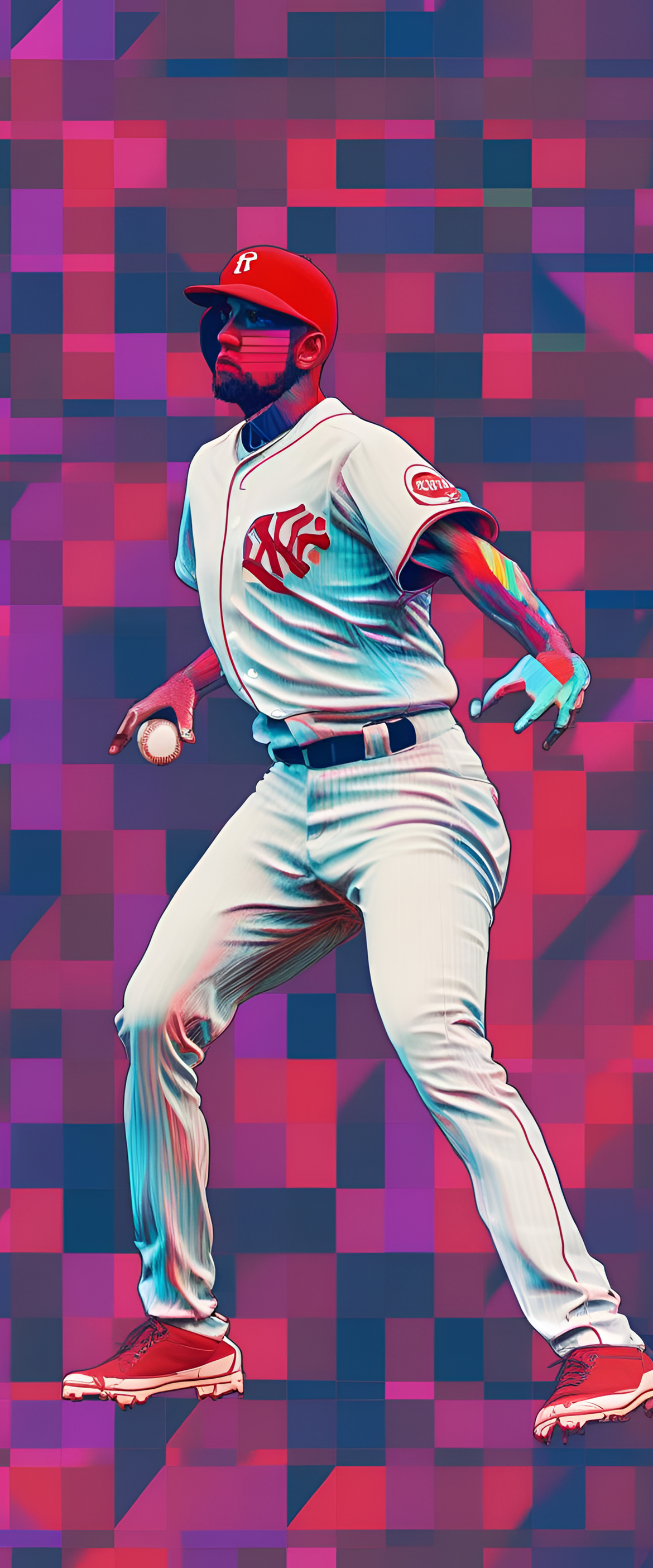 Glitched baseball artwork with vibrant colors and abstract shapes.