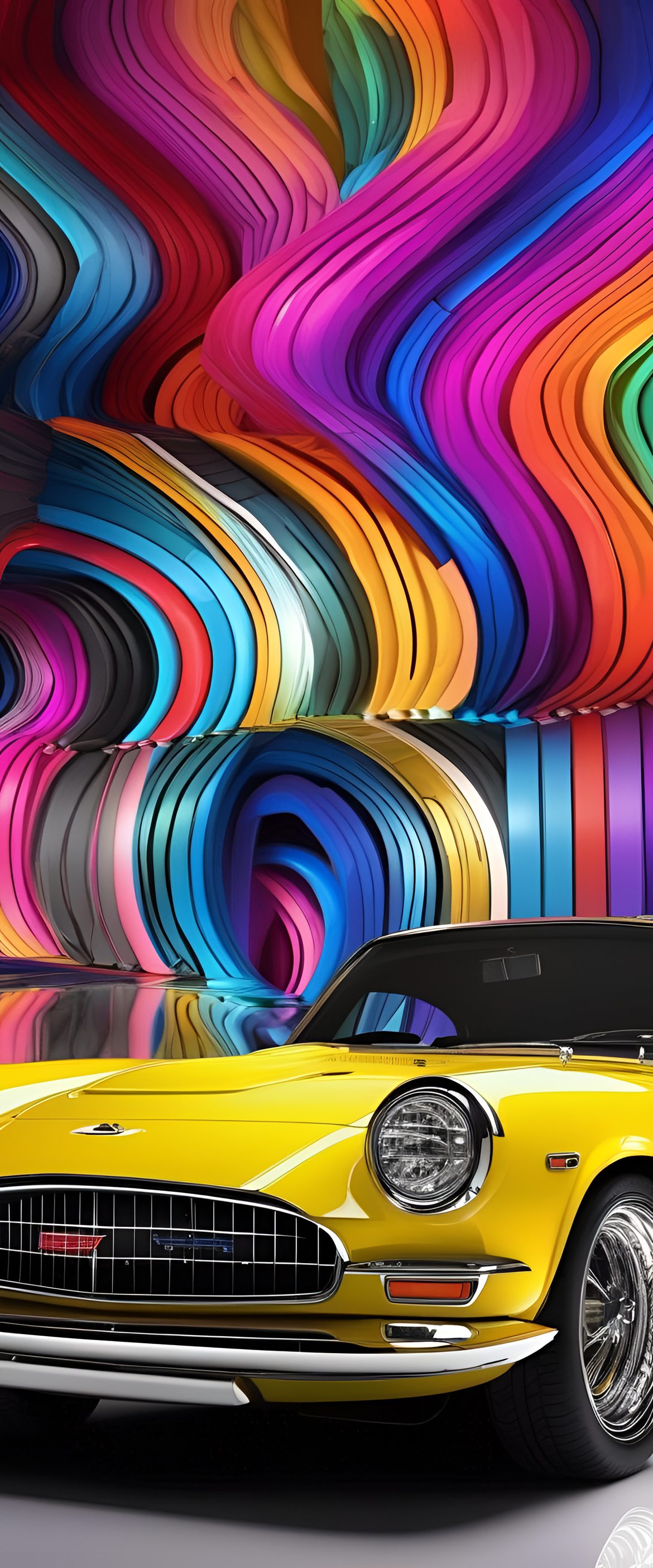 Triadic colored car wallpaper with abstract geometric patterns.