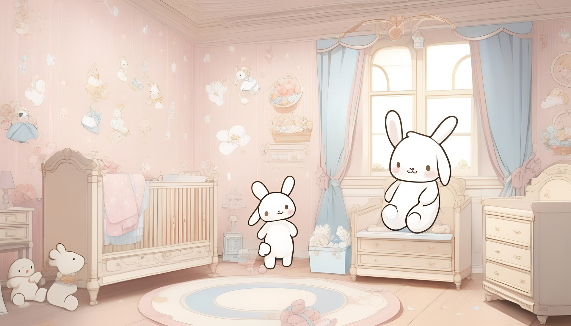 Cinnamoroll flying in a dreamlike sky surrounded by fluffy clouds