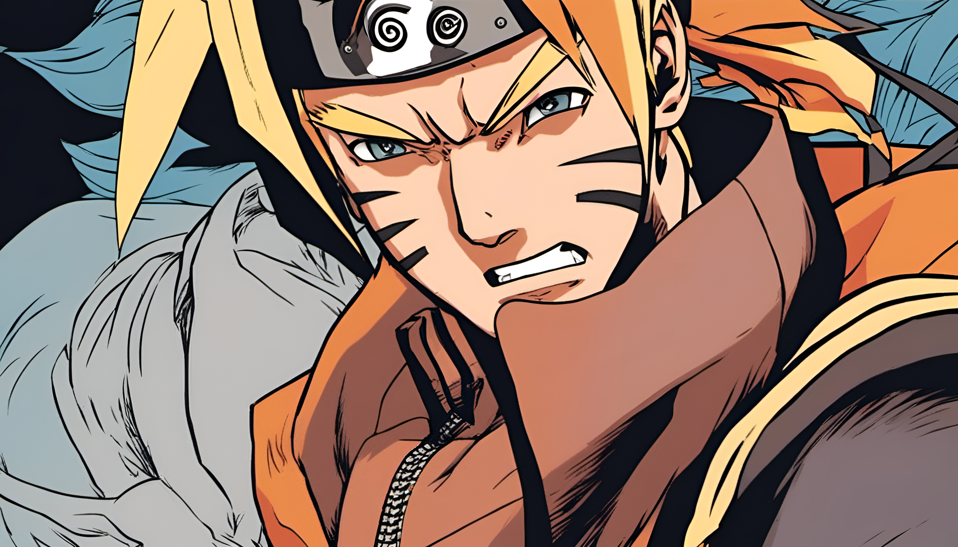 Close-up portrait of Naruto with intense expression, showcasing vibrant colors and intricate details.