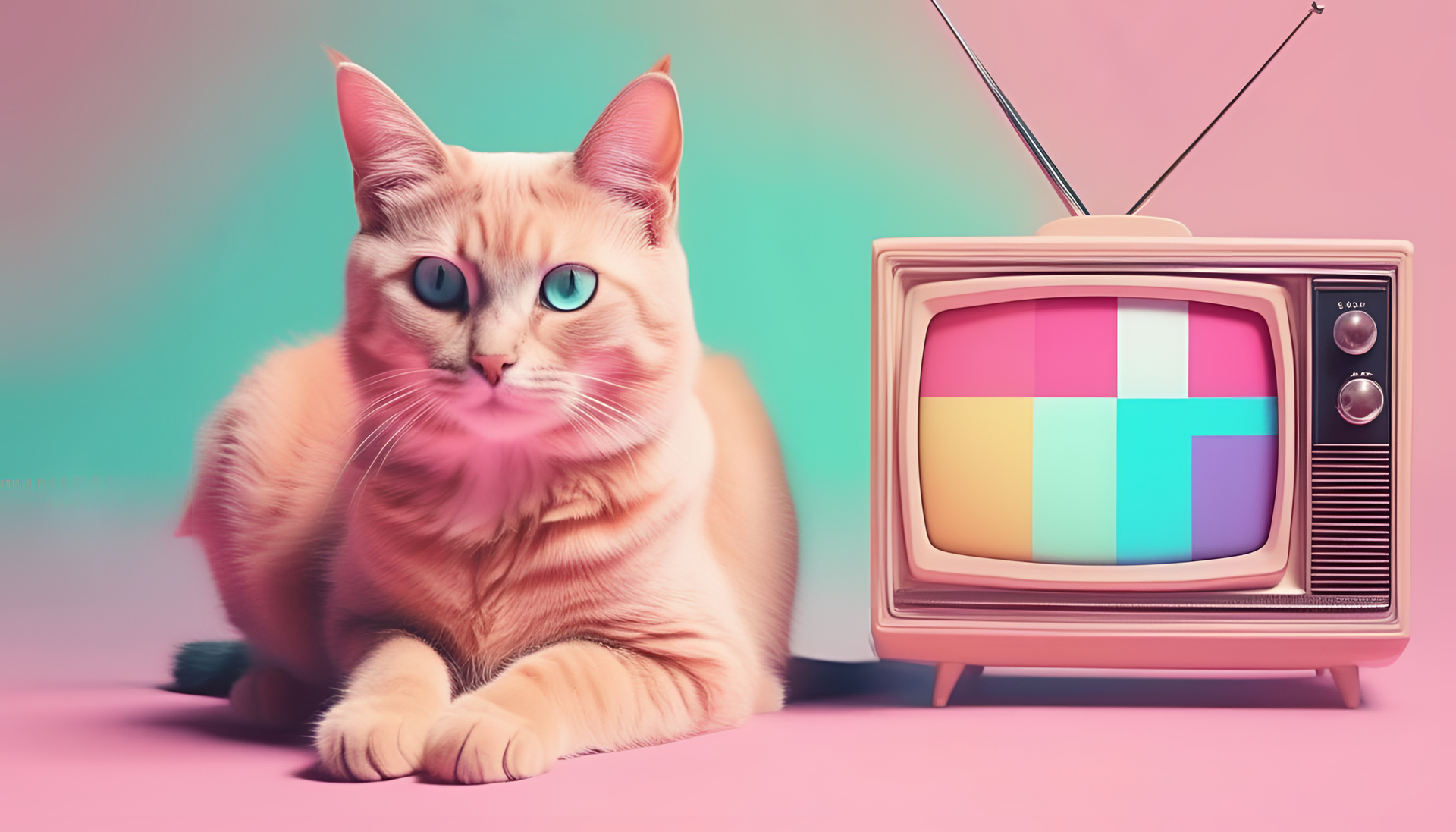 Cute cat in pastel-colored glitched background.