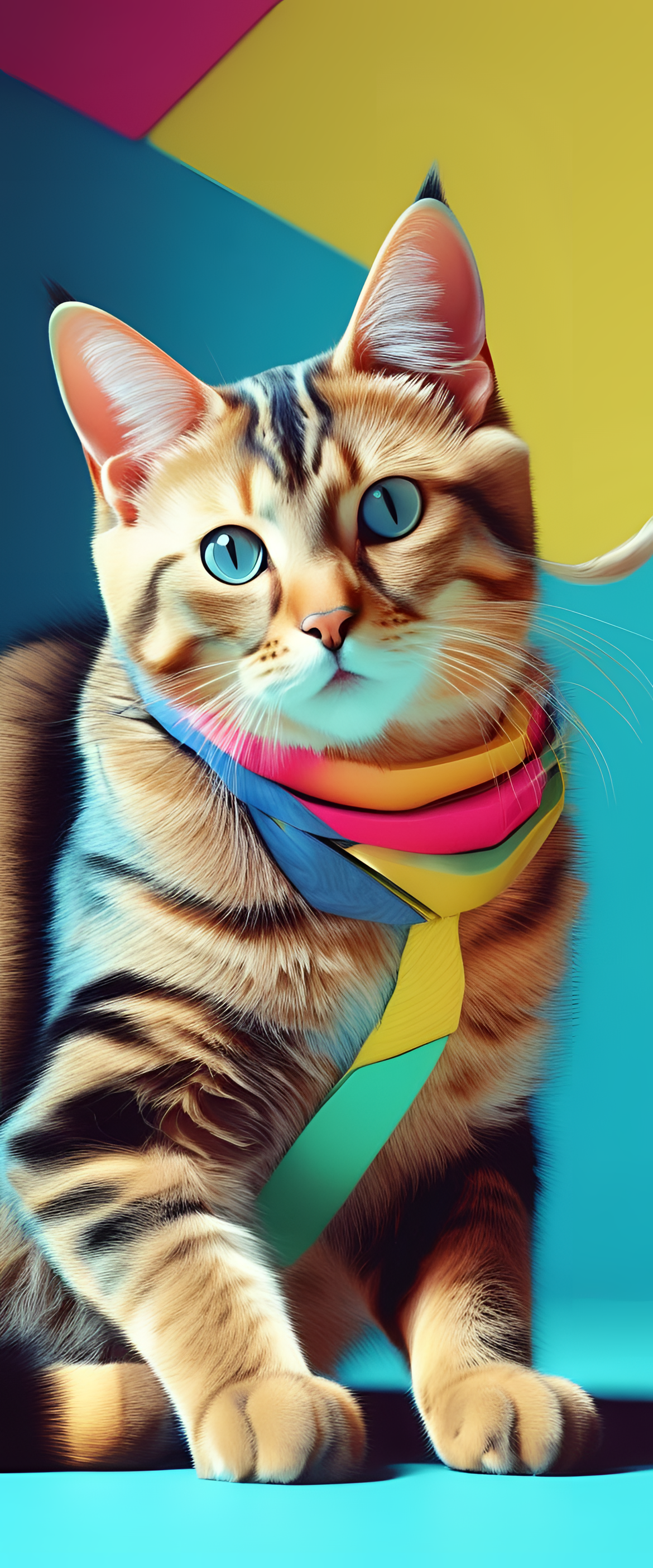 Colorful pop art-inspired wallpaper featuring a cute and playful cat.