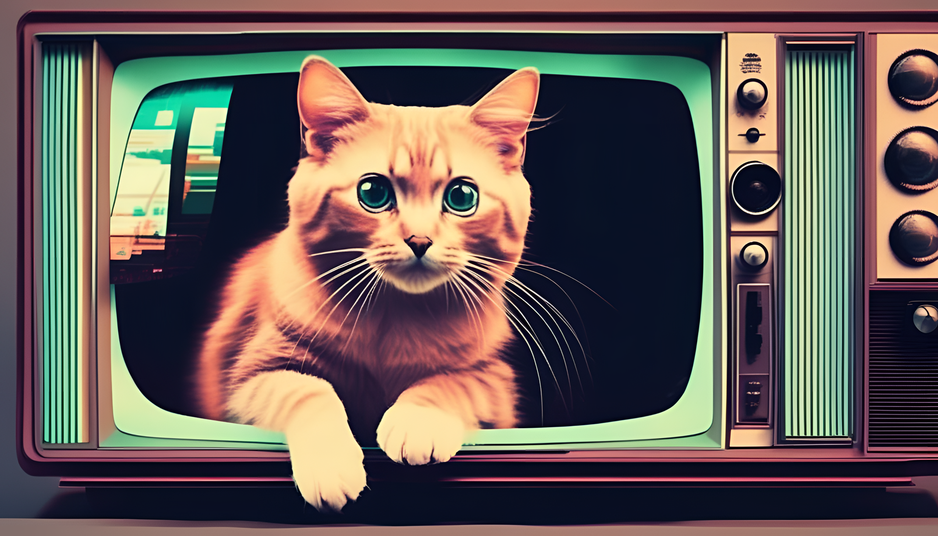 Cute cat in glitched TV aesthetic.