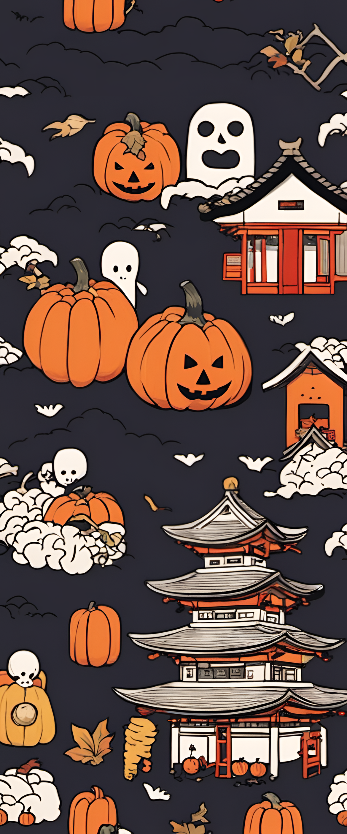 Halloween-themed cute artwork featuring Ukiyo-e style and naive art.