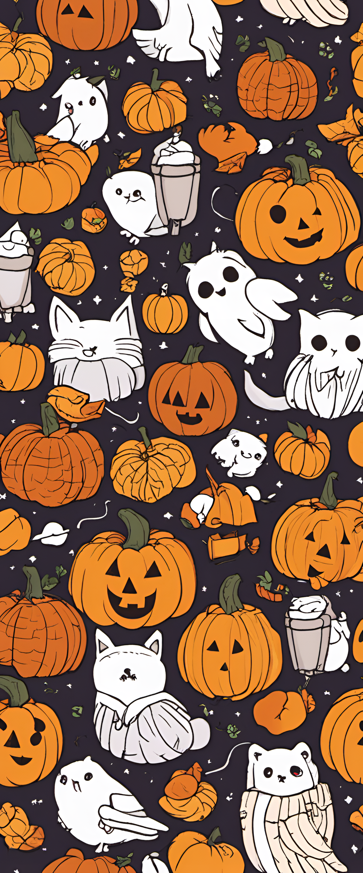 Cute Halloween-themed phone wallpaper with playful pumpkins and friendly ghosts.