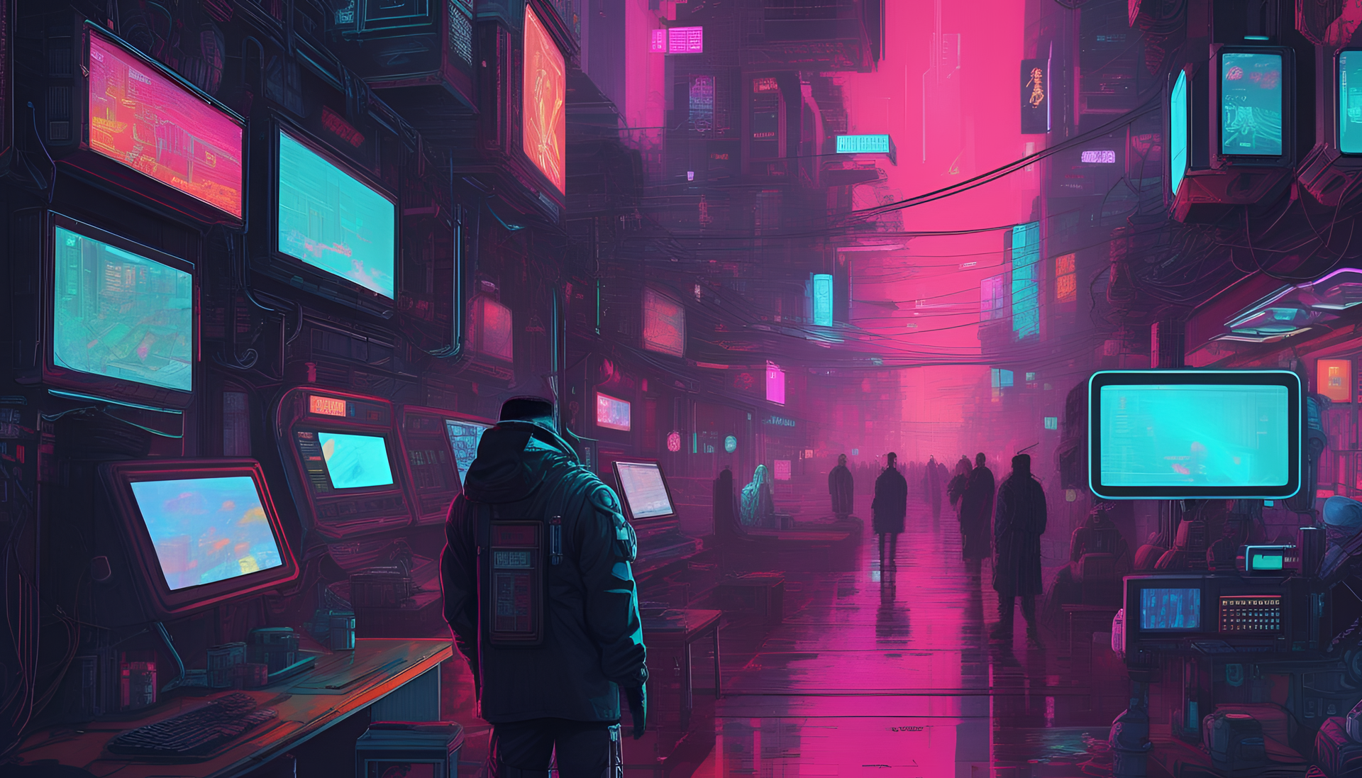 Abstract cyberpunk artwork depicting a futuristic cityscape with vibrant colors and a unique style.