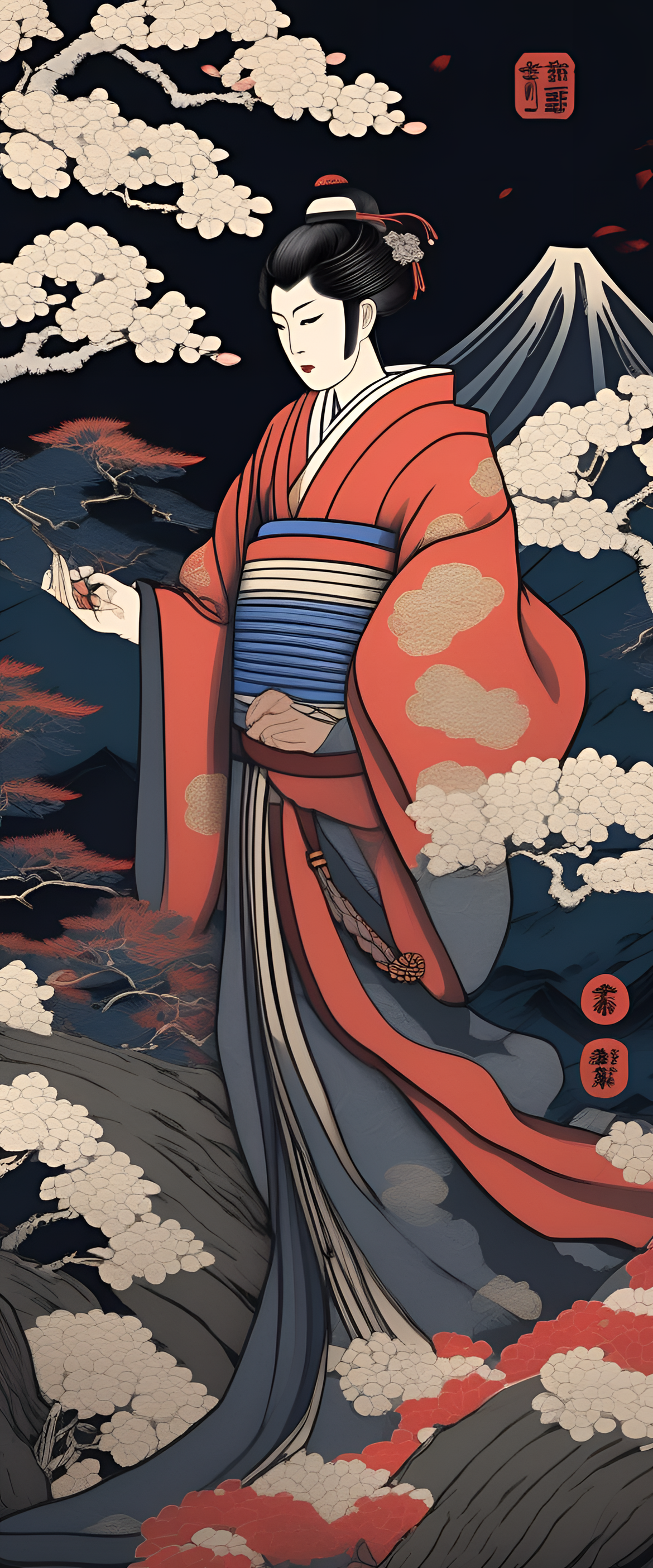 Stylized dark phone wallpaper with Ukiyo-e inspiration.