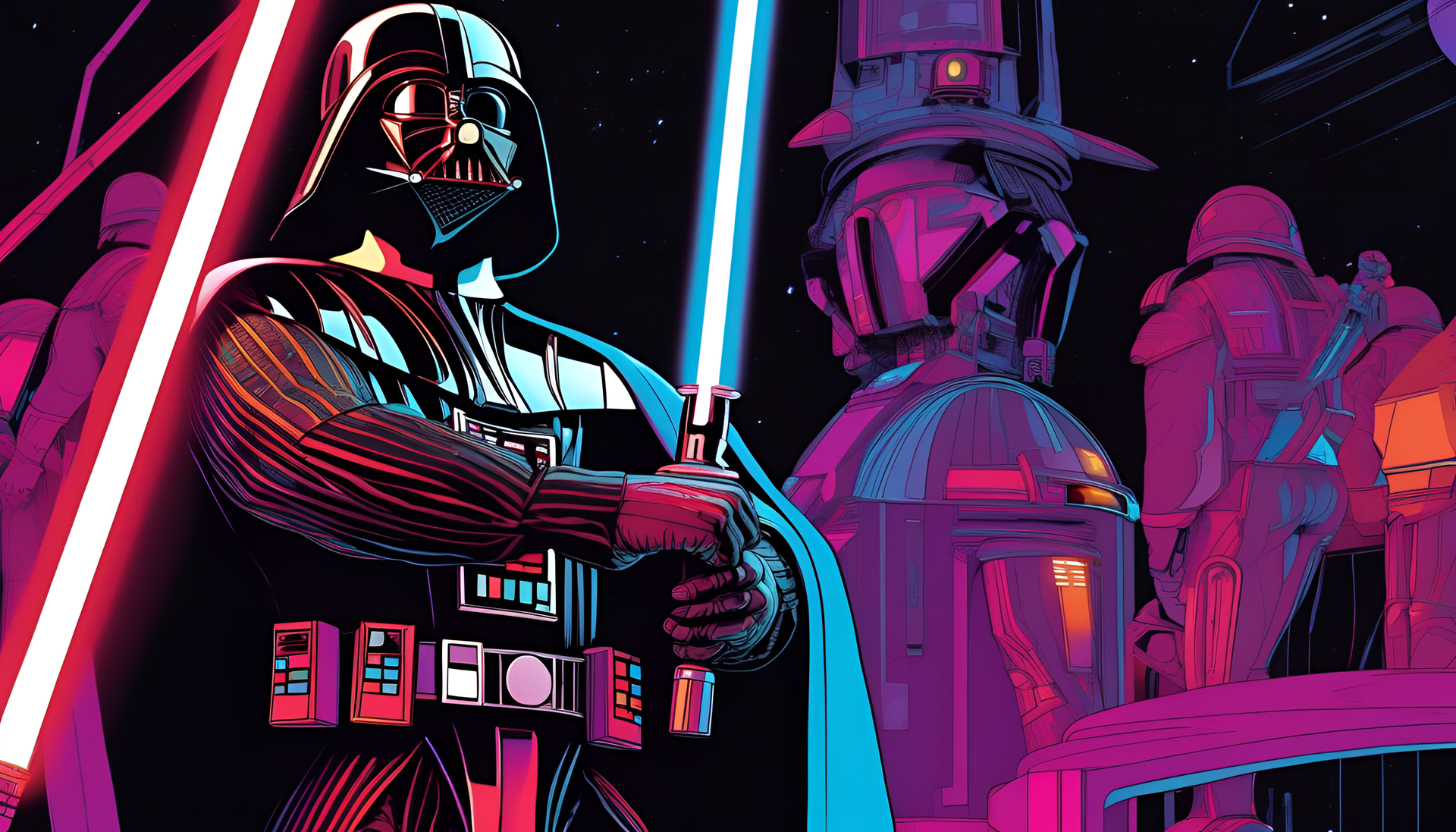 Glowing depiction of Darth Vader in black.