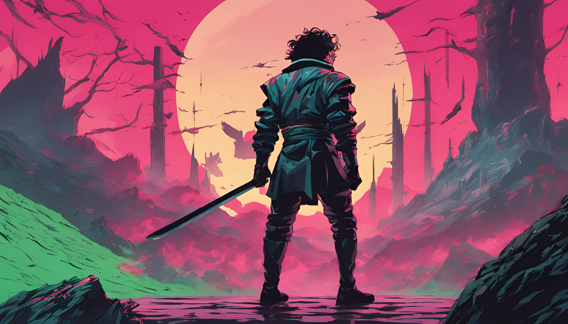 Digital artwork featuring a dynamic scene inspired by 80's sci-fi in the world of Demon Slayer.