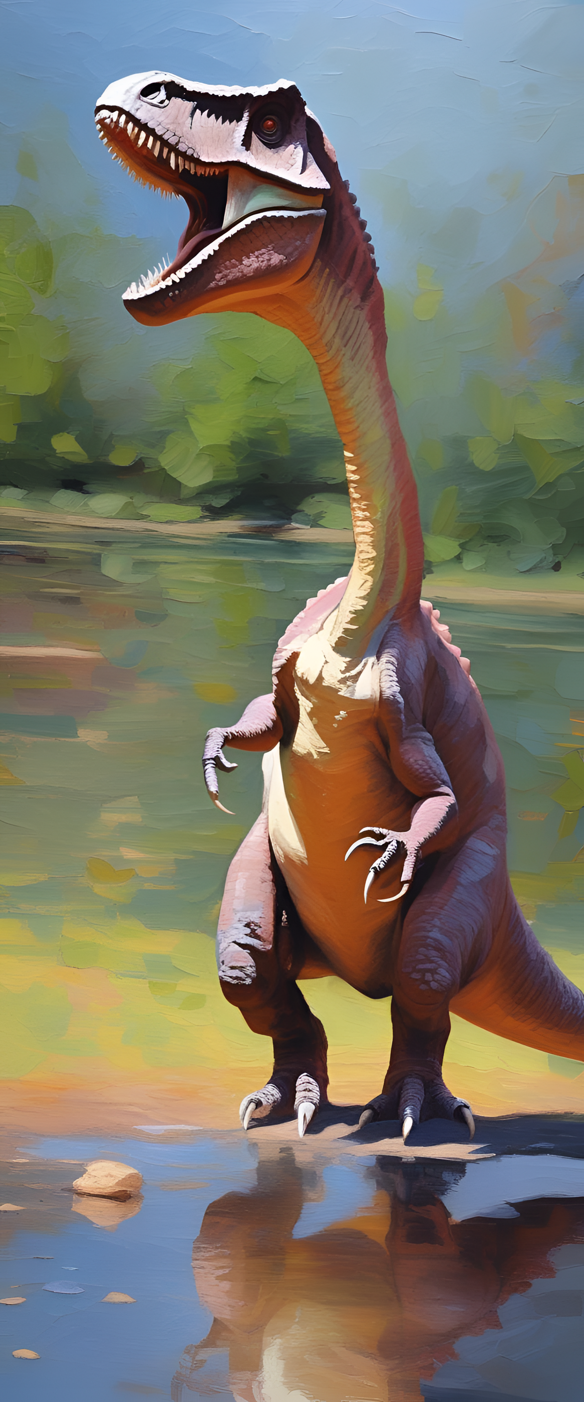 Colorful and dreamy artwork of a majestic dinosaur in an impressionist style.