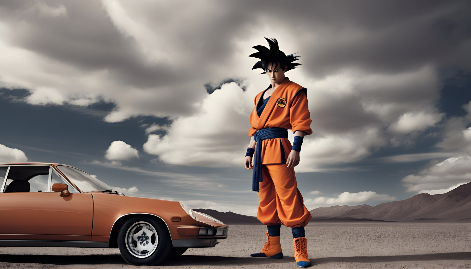 Goku in stylish fashion attire against a vibrant backdrop.