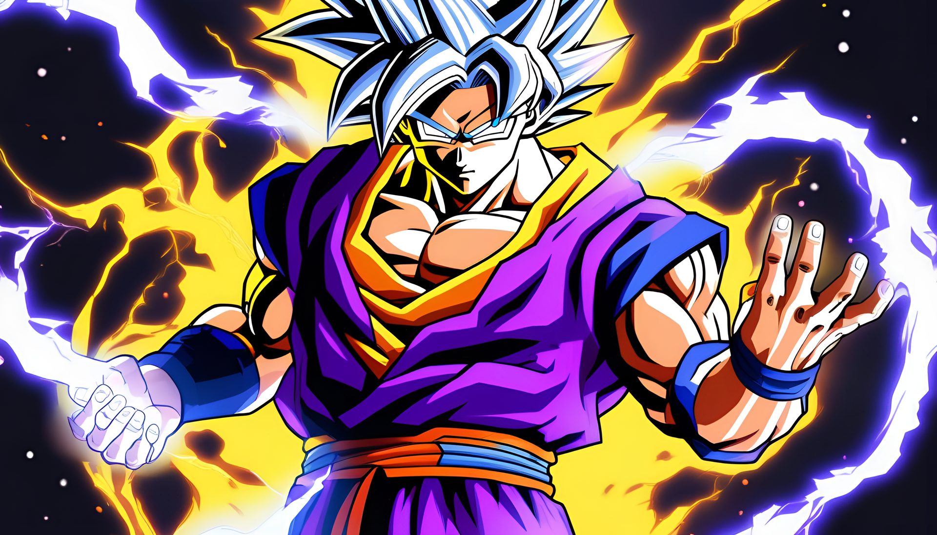 Powerful Goku in purple and yellow colors, displaying Ultra Instinct.