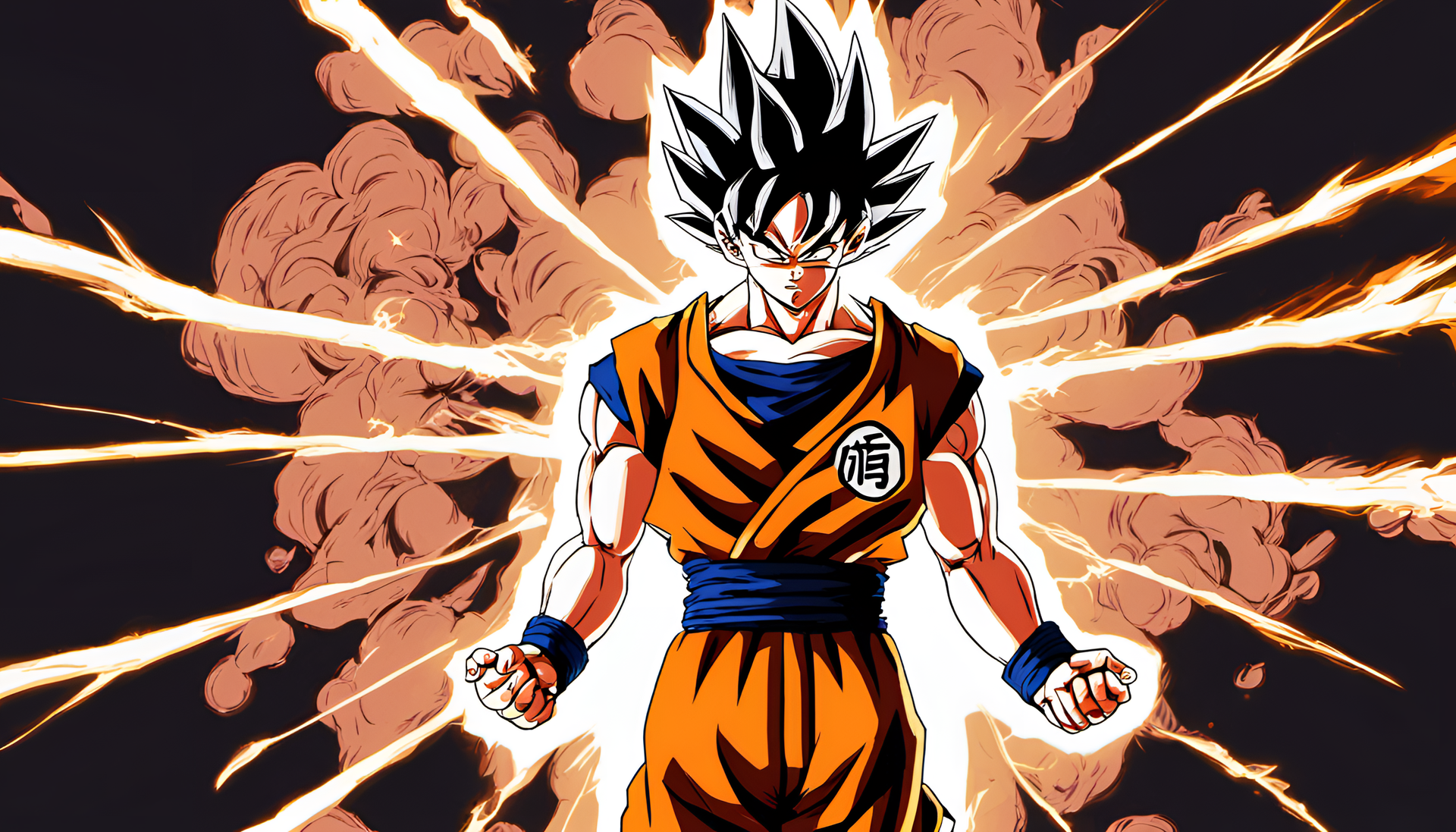 Colorful depiction of Goku with intense facial expression and vibrant energy aura.