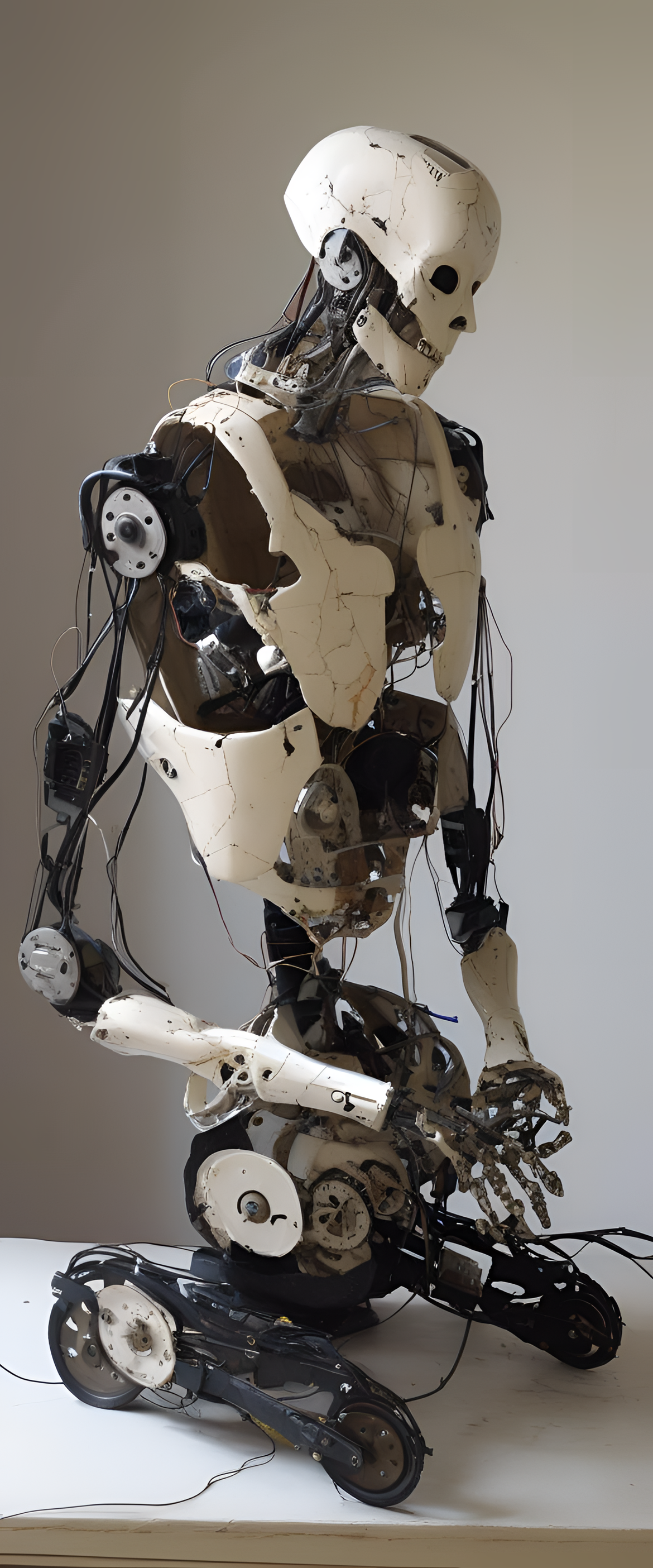 Halloween-inspired robotic sculpture with cracked and deconstructive elements.