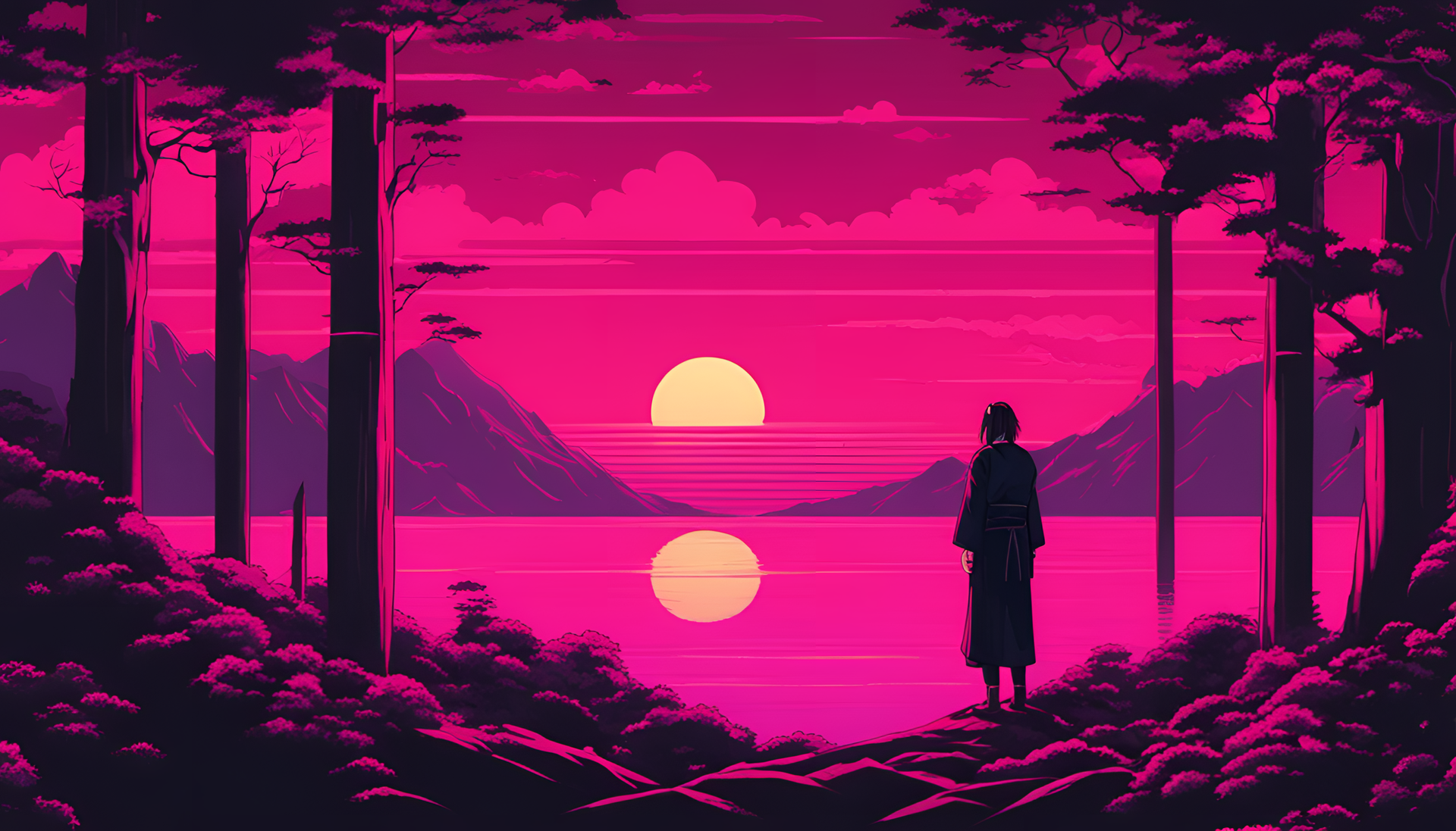 Itachi Uchiha in retrowave style painting, emitting cool vibes.