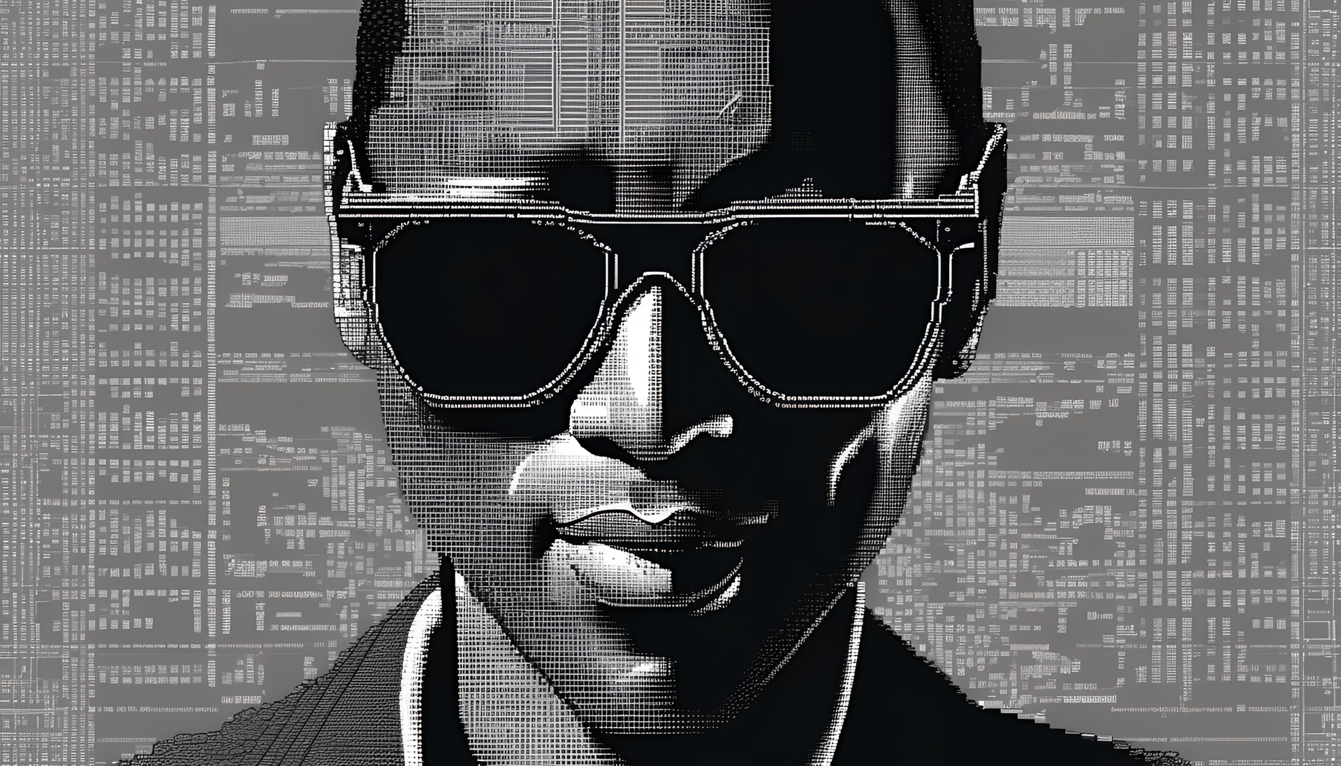 Kobe Bryant wearing stylish sunglasses in an intricate ASCII art wallpaper.