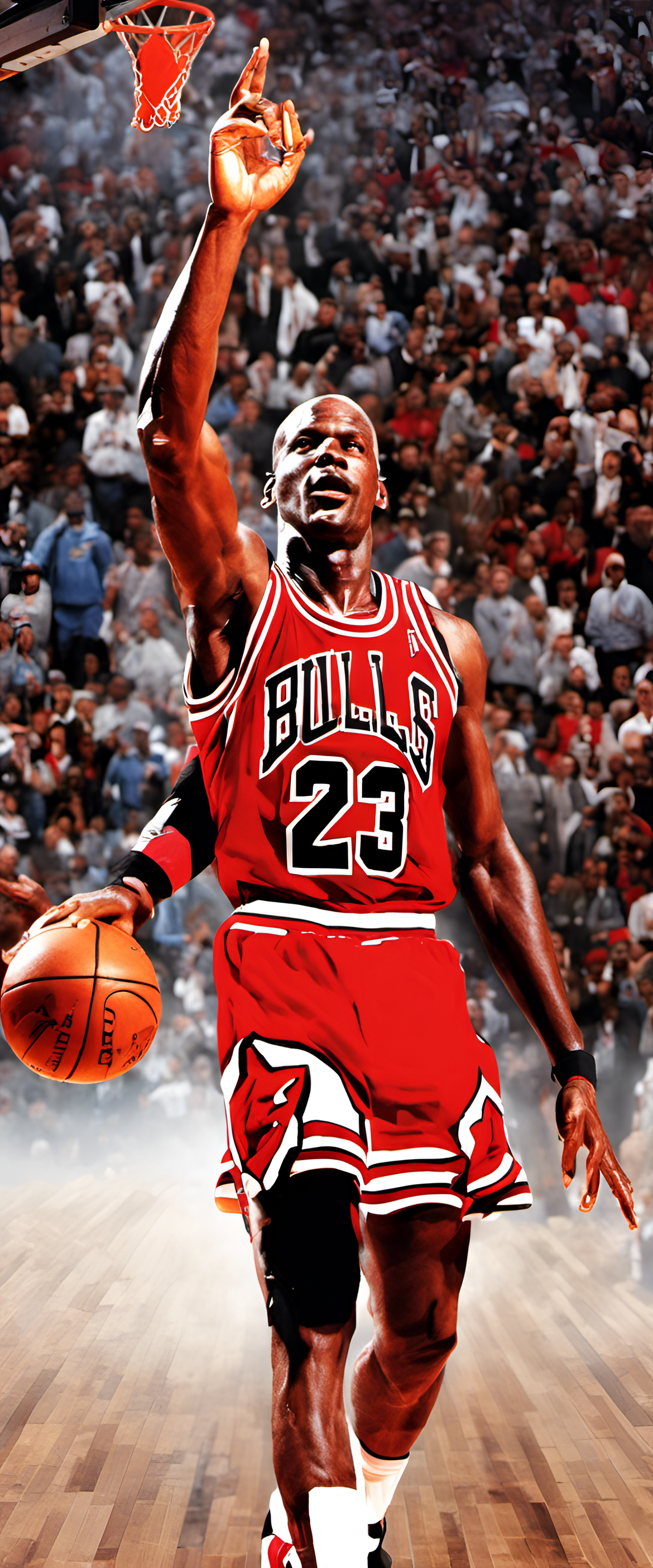 Michael Jordan in action, soaring through the air with a basketball in hand.