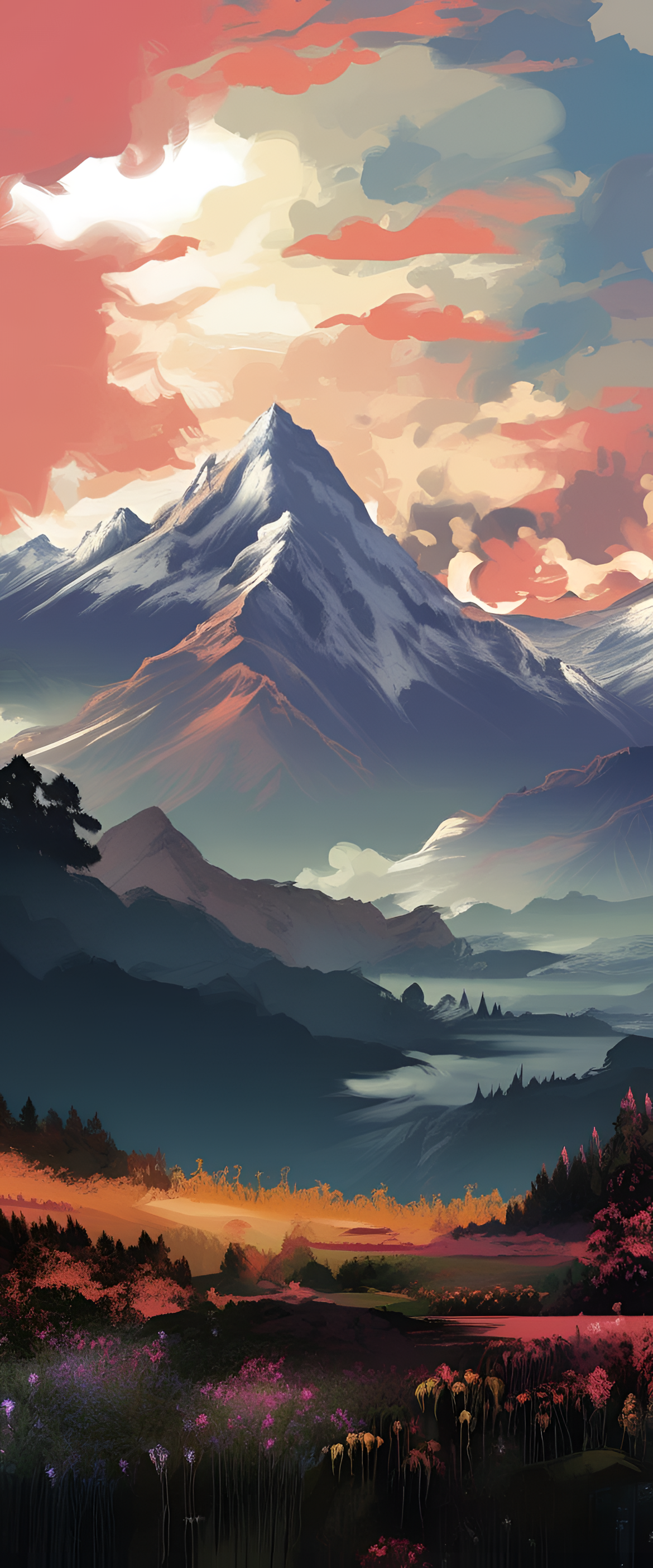 Majestic digital artwork featuring a scenic mountain landscape.