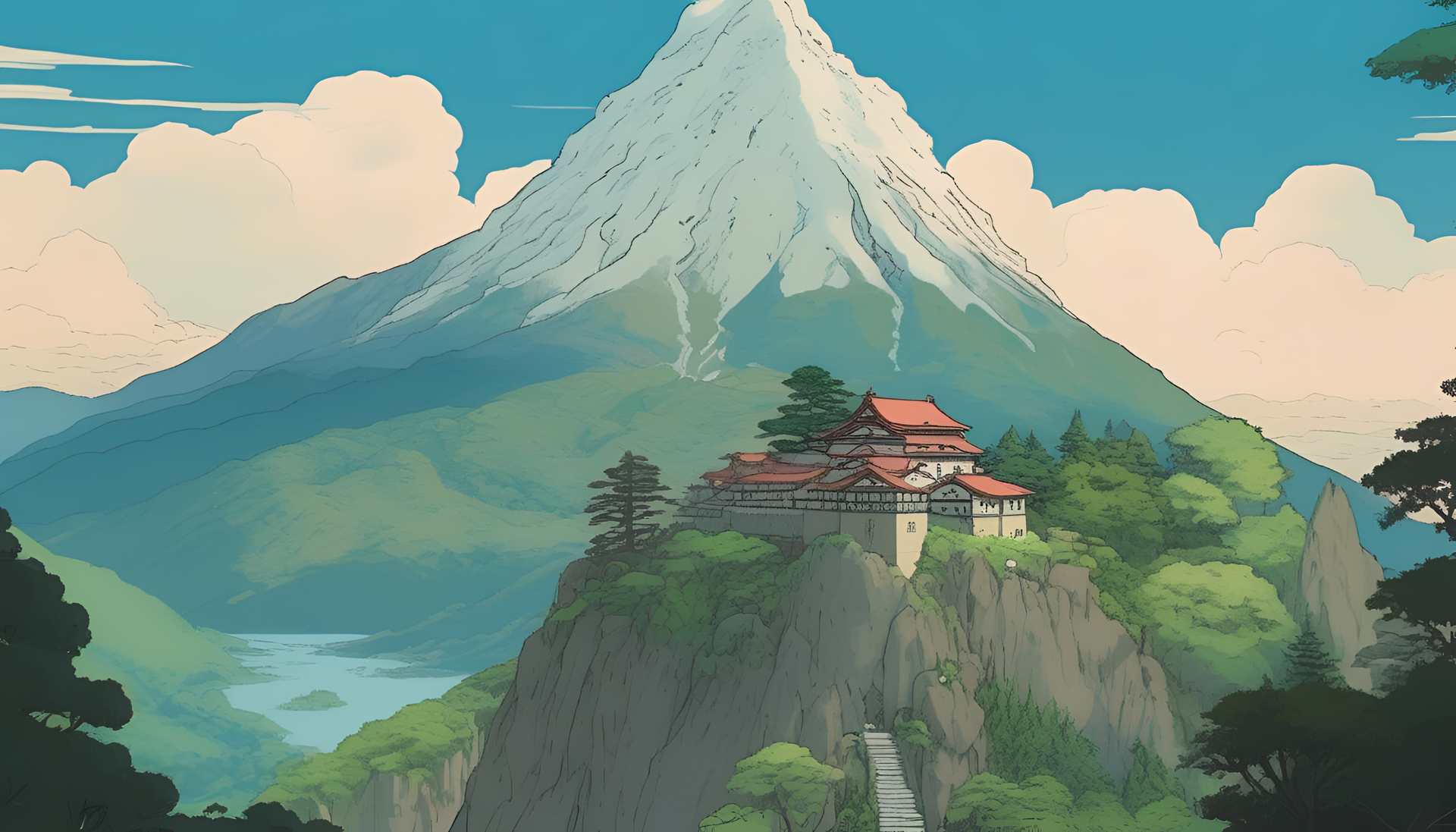 Majestic mountain landscape in Studio Ghibli style.