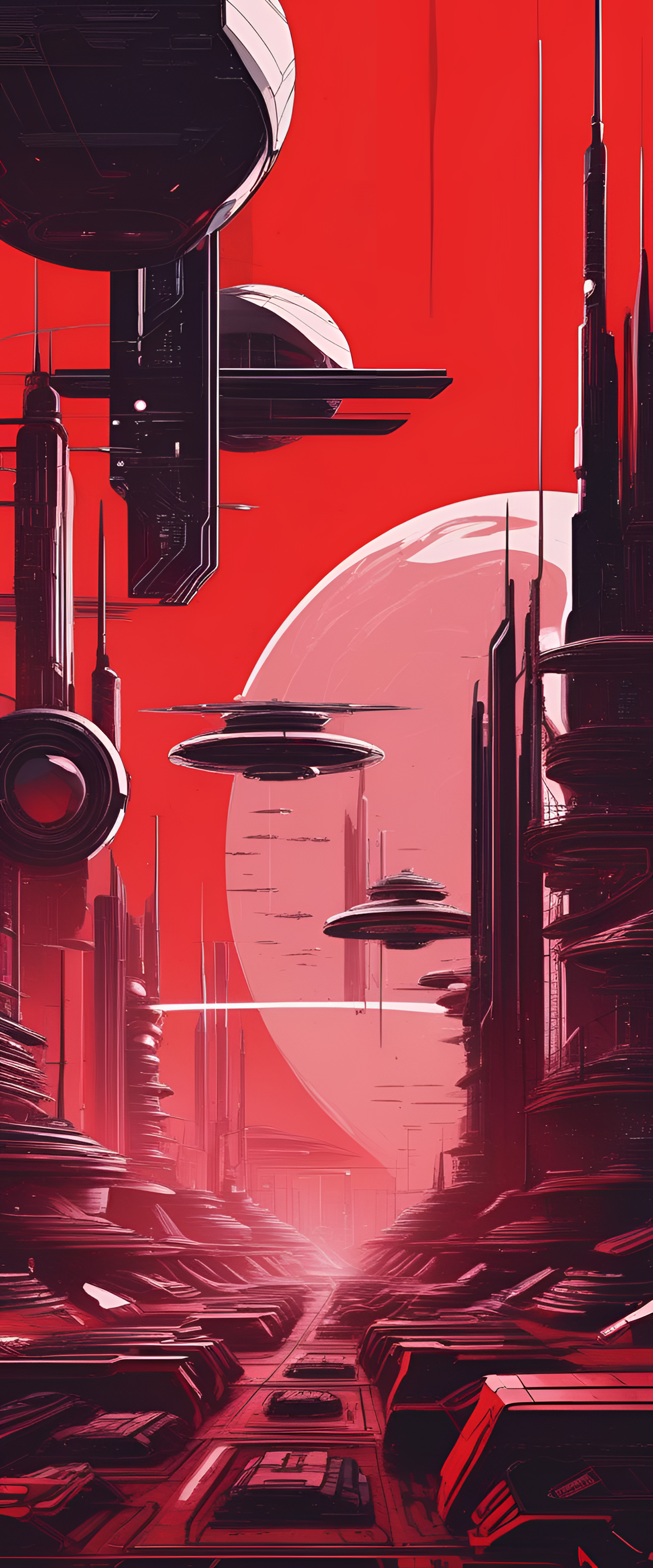 Vibrant red wallpaper with futuristic 80's sci-fi style.