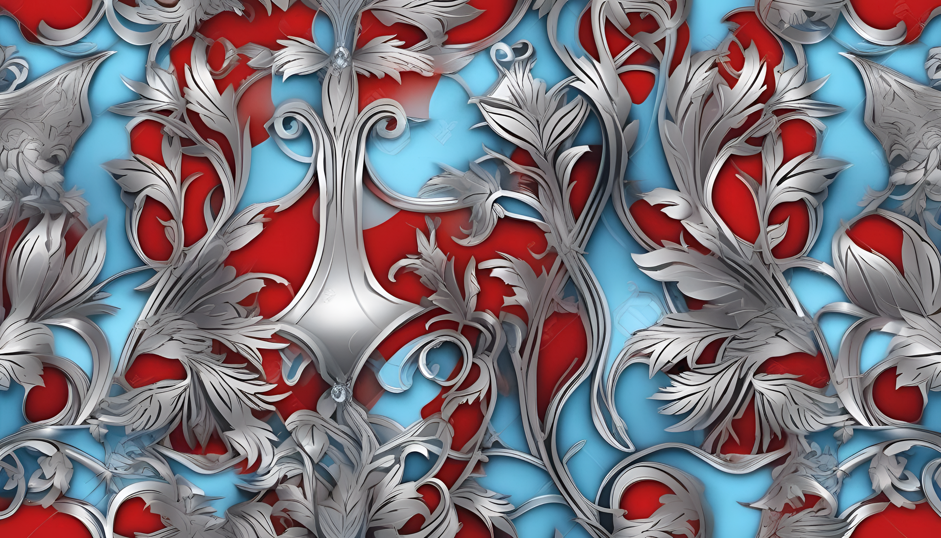 Abstract red background with a blend of light blue and silver elements.