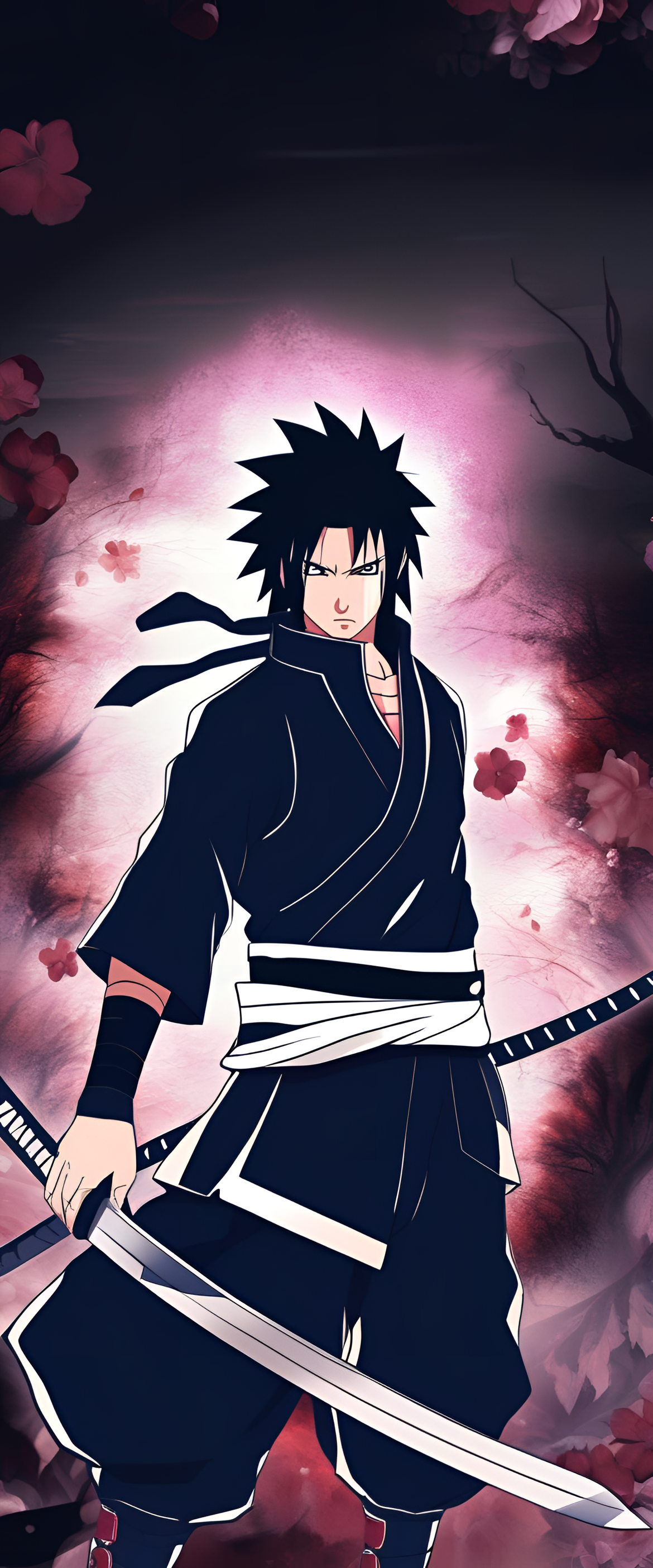 Sasuke Uchiha looking determined in a striking background.