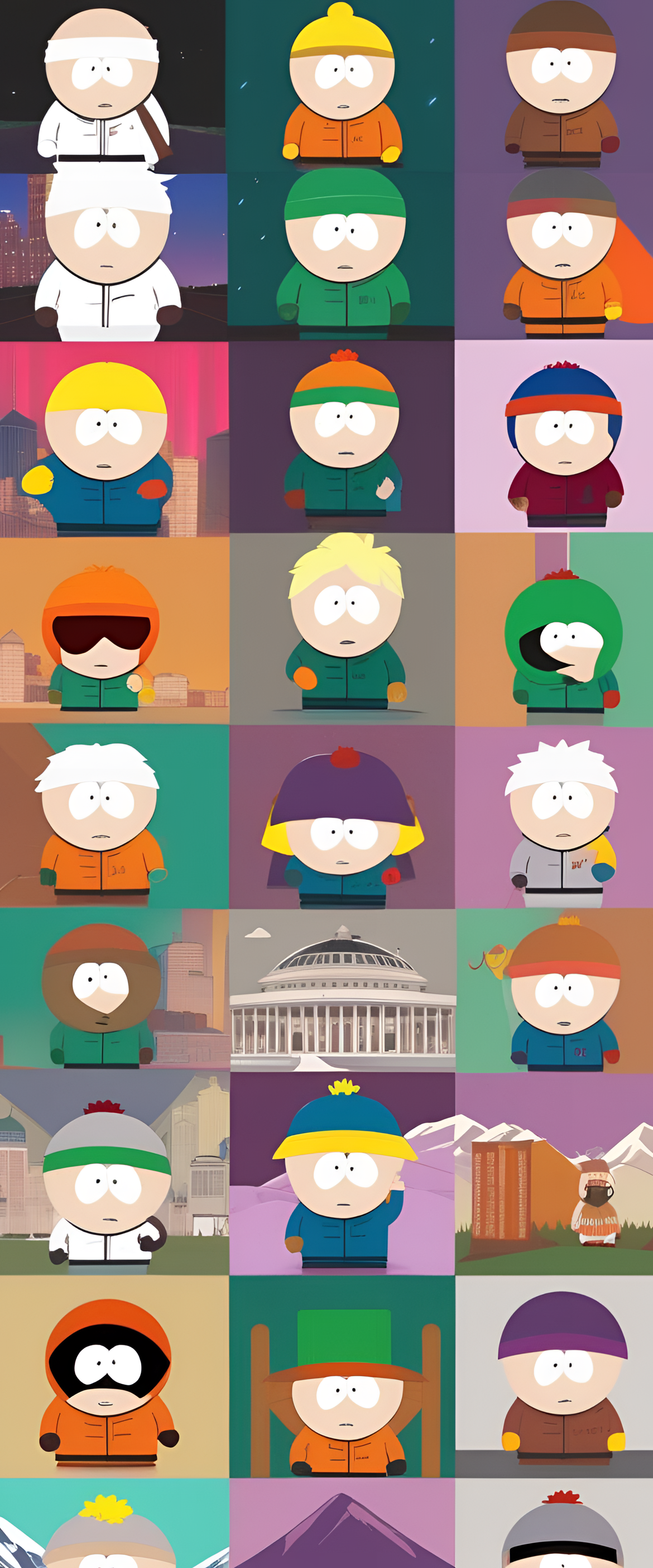 South Park: Aesthetically pleasing wallpaper with characters from the TV show standing against a colorful background.