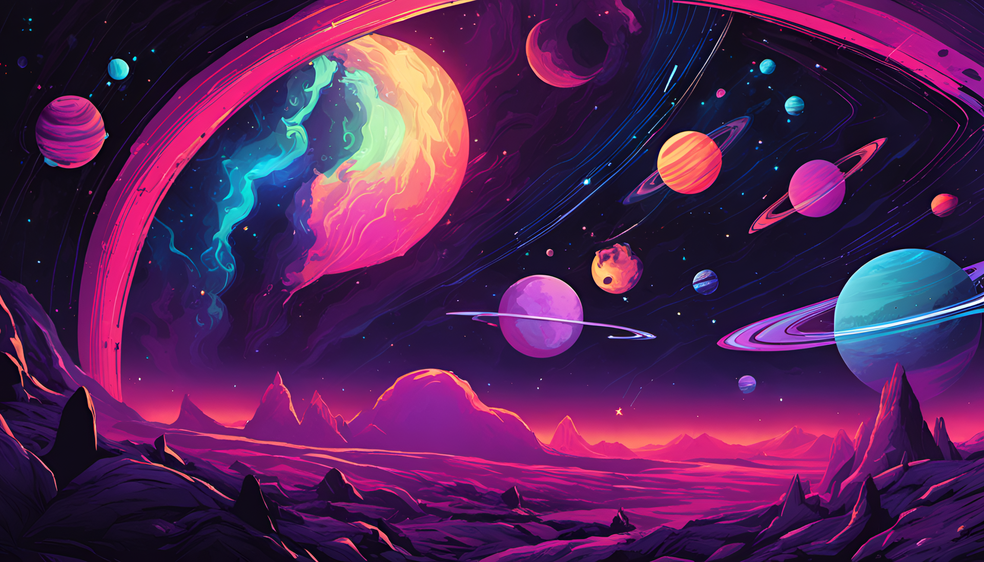 Cosmic masterpiece painting with vibrant colors depicting a captivating intergalactic scene.