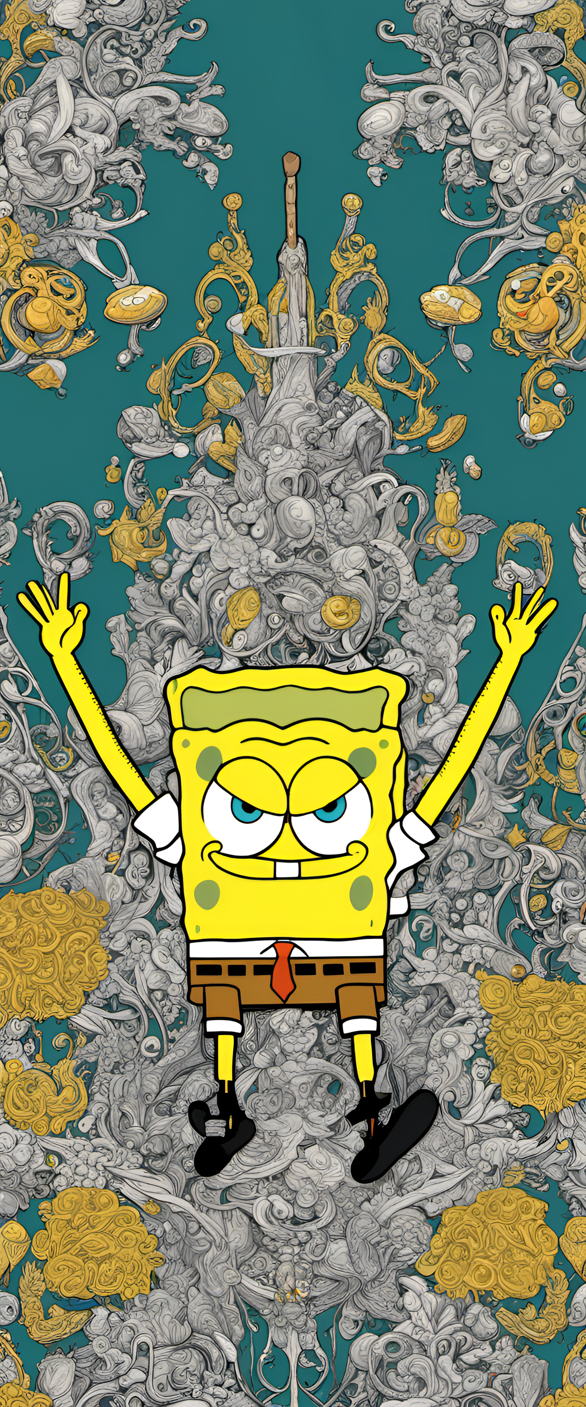 SpongeBob SquarePants character in a vibrant and detailed illustration for a phone wallpaper.