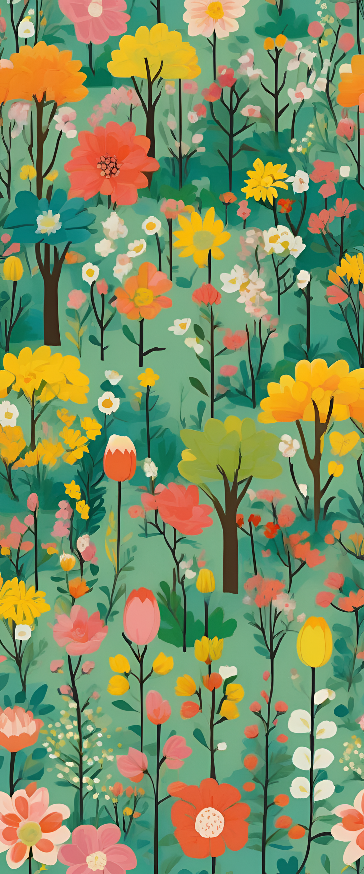 Pastel blossoms in vibrant hues, a cheerful springtime wallpaper with whimsical artistic style.