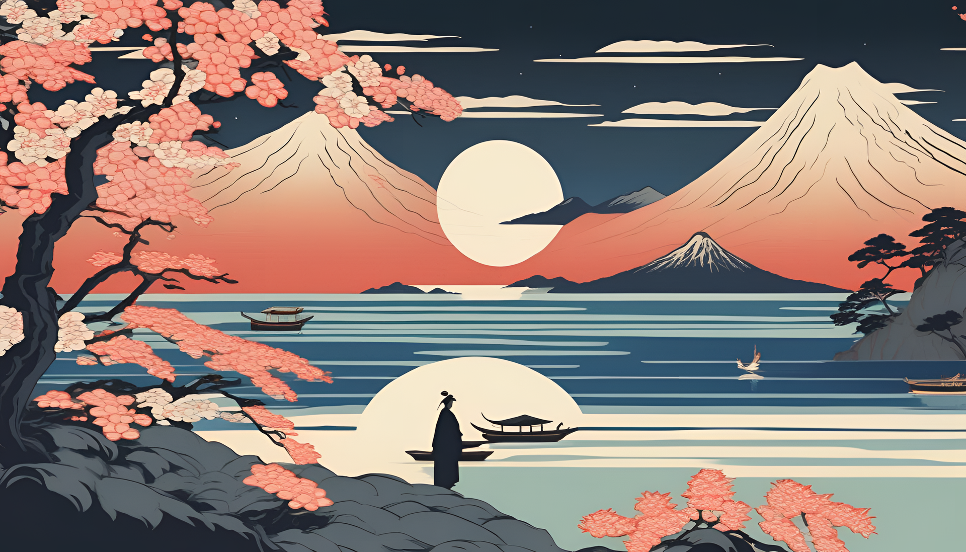 Vibrant Ukiyo-e style summer scene with nature and blossoms.