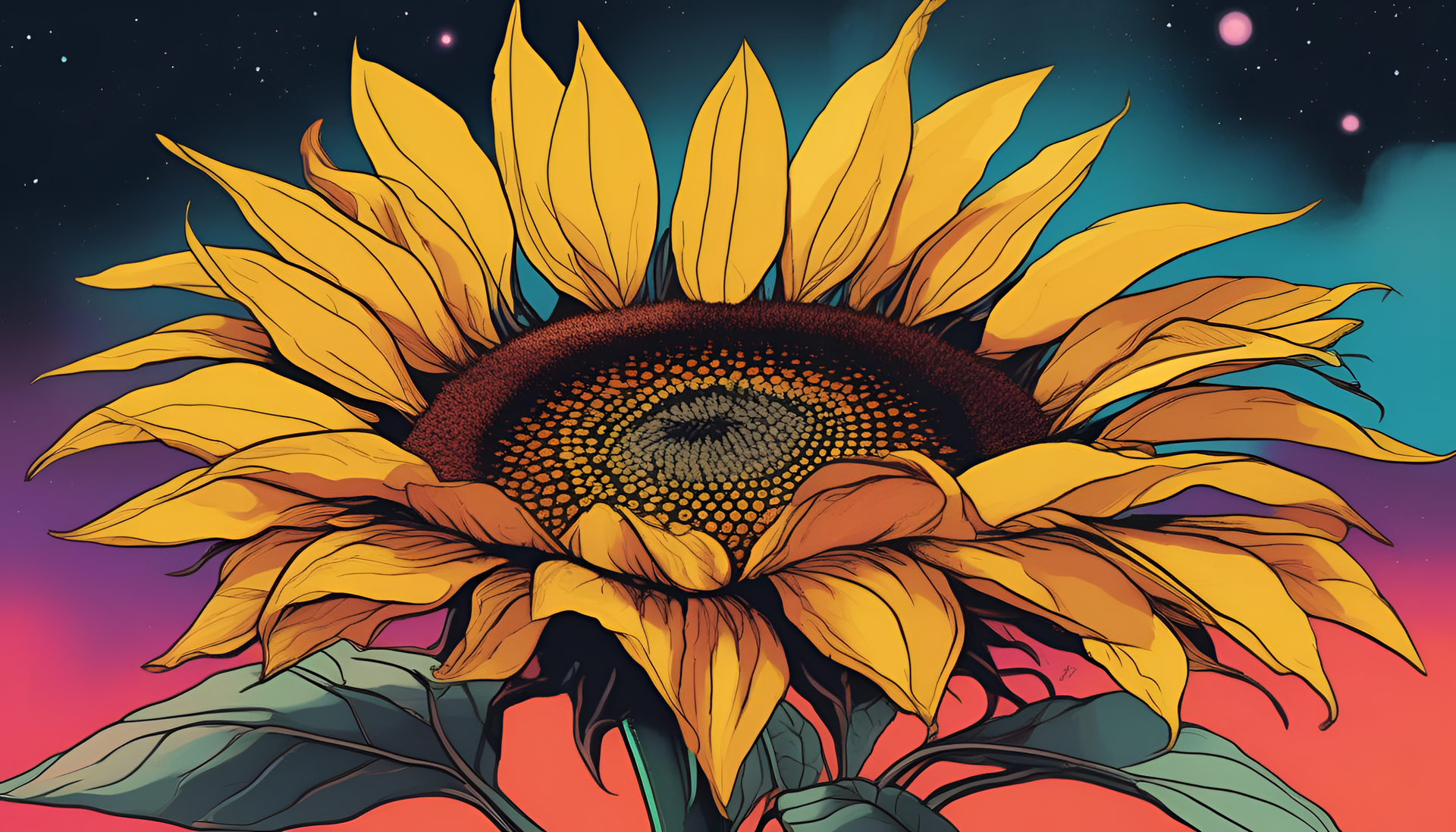 Retro sunflower in vibrant colors with a sci-fi touch.