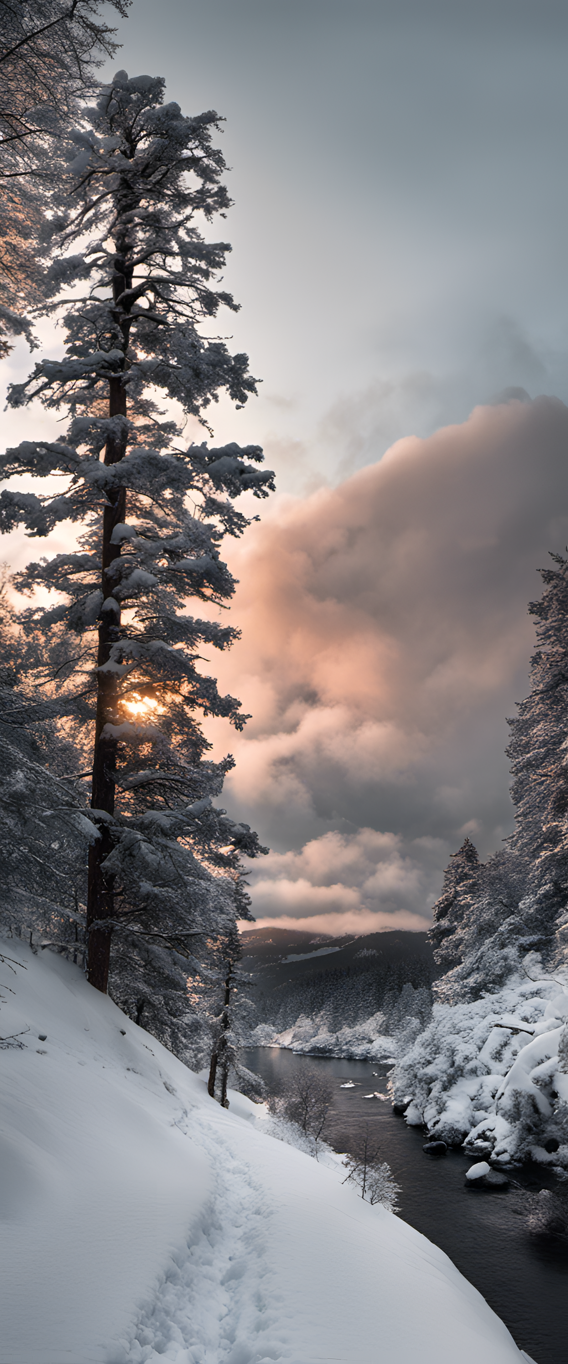 Winter landscape with snowy trees against a pale blue sky.