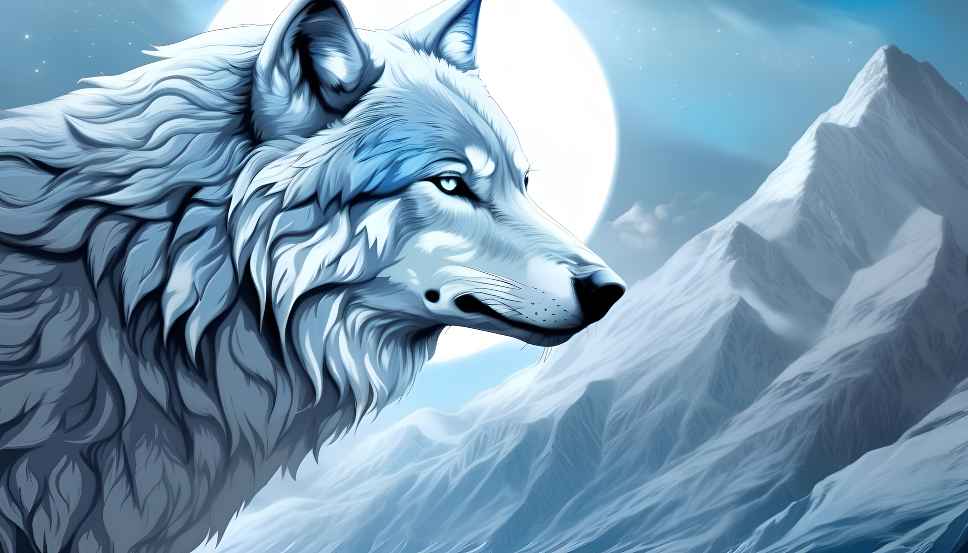 Beautiful artwork of a majestic wolf against a light blue and silver background.