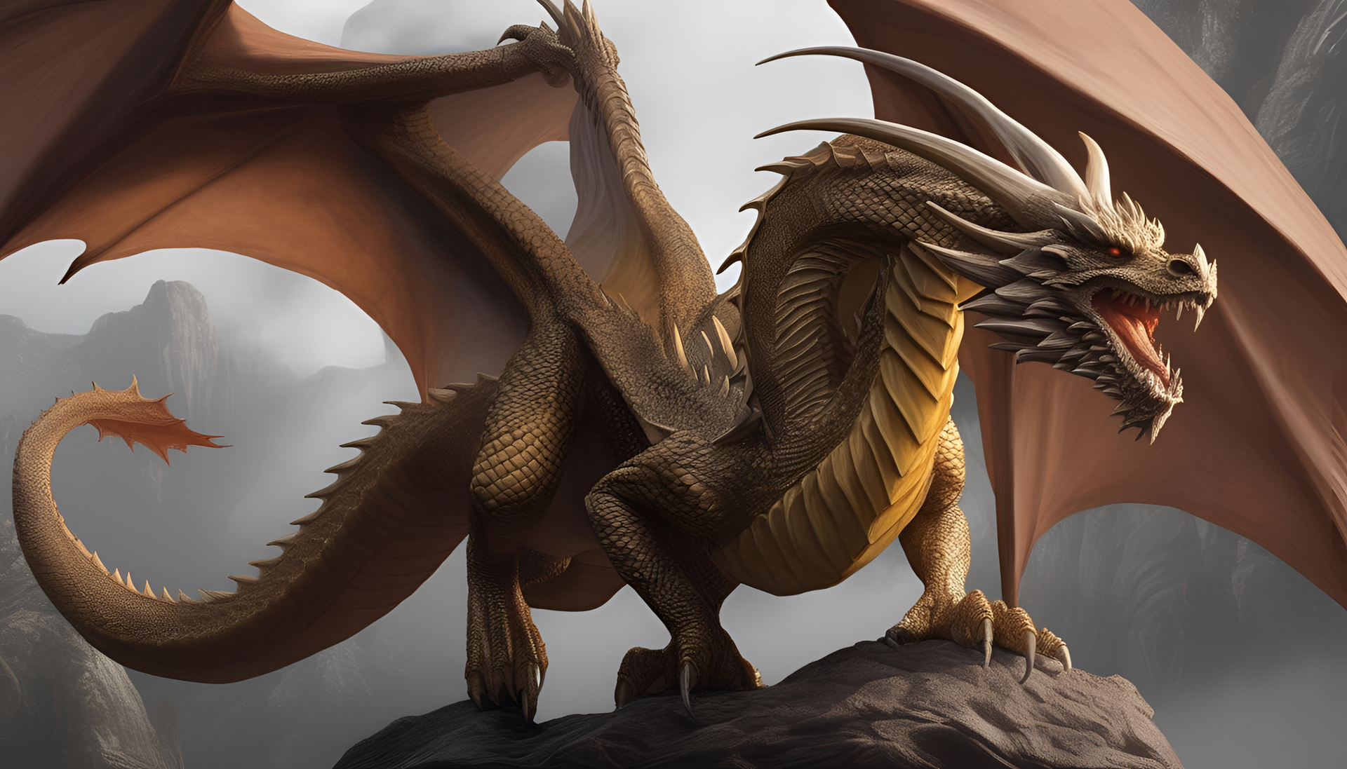 Fiery dragon emerging from the dark, showcasing magnificent scales and powerful wings.