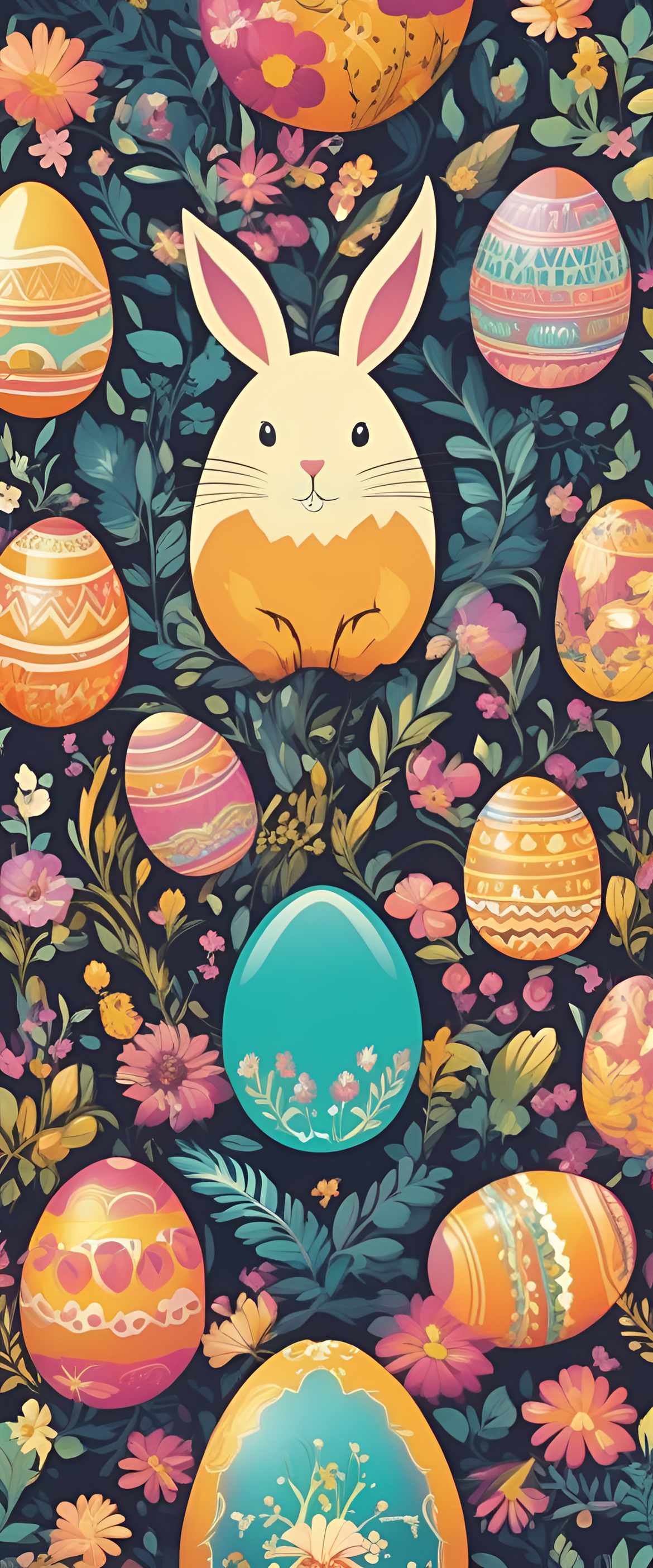 Colorful Easter eggs arranged in a mesmerizing pattern on a phone wallpaper.