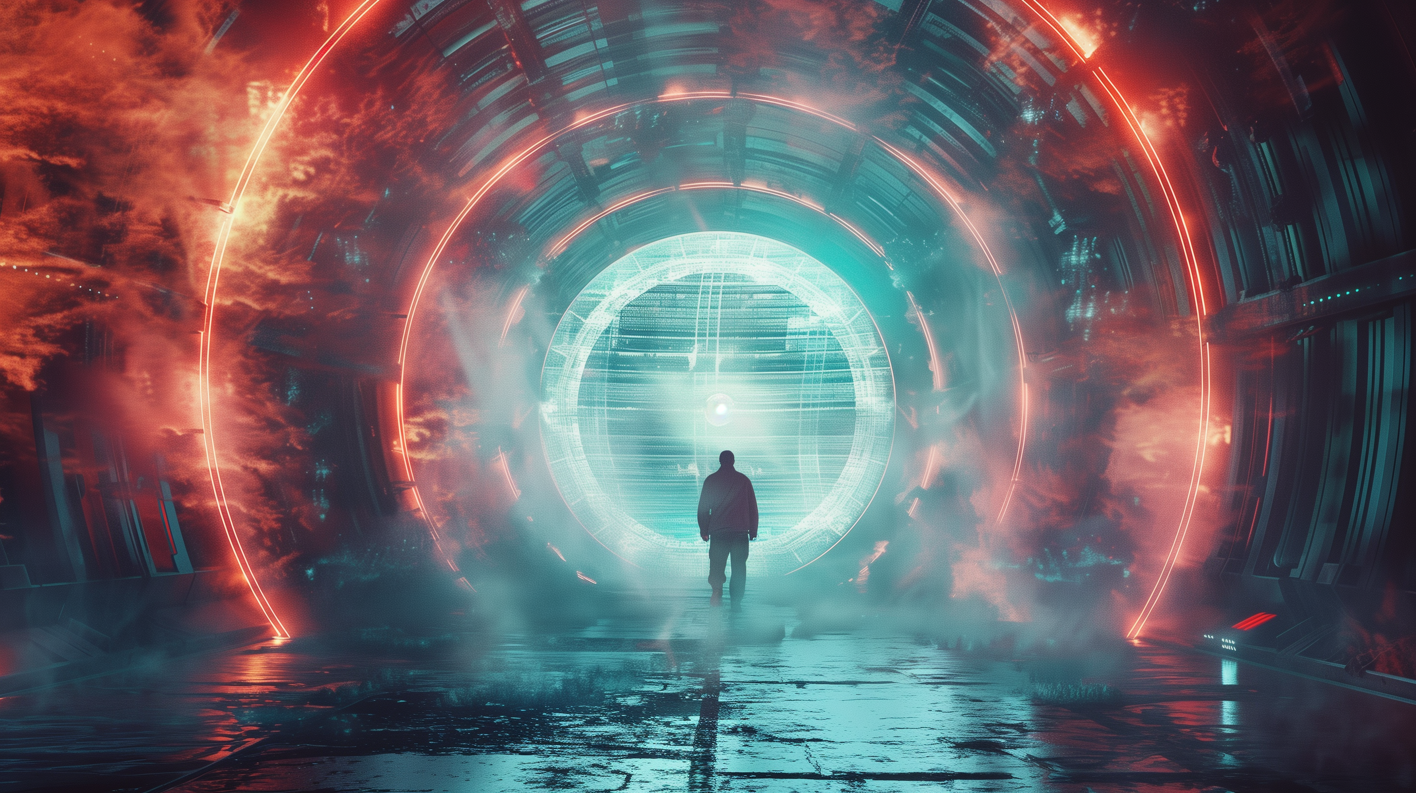 A solitary figure stands before a glowing, futuristic portal bathed in blue and red hues. The scene conveys a sci-fi atmosphere, making it an engaging HD desktop wallpaper.