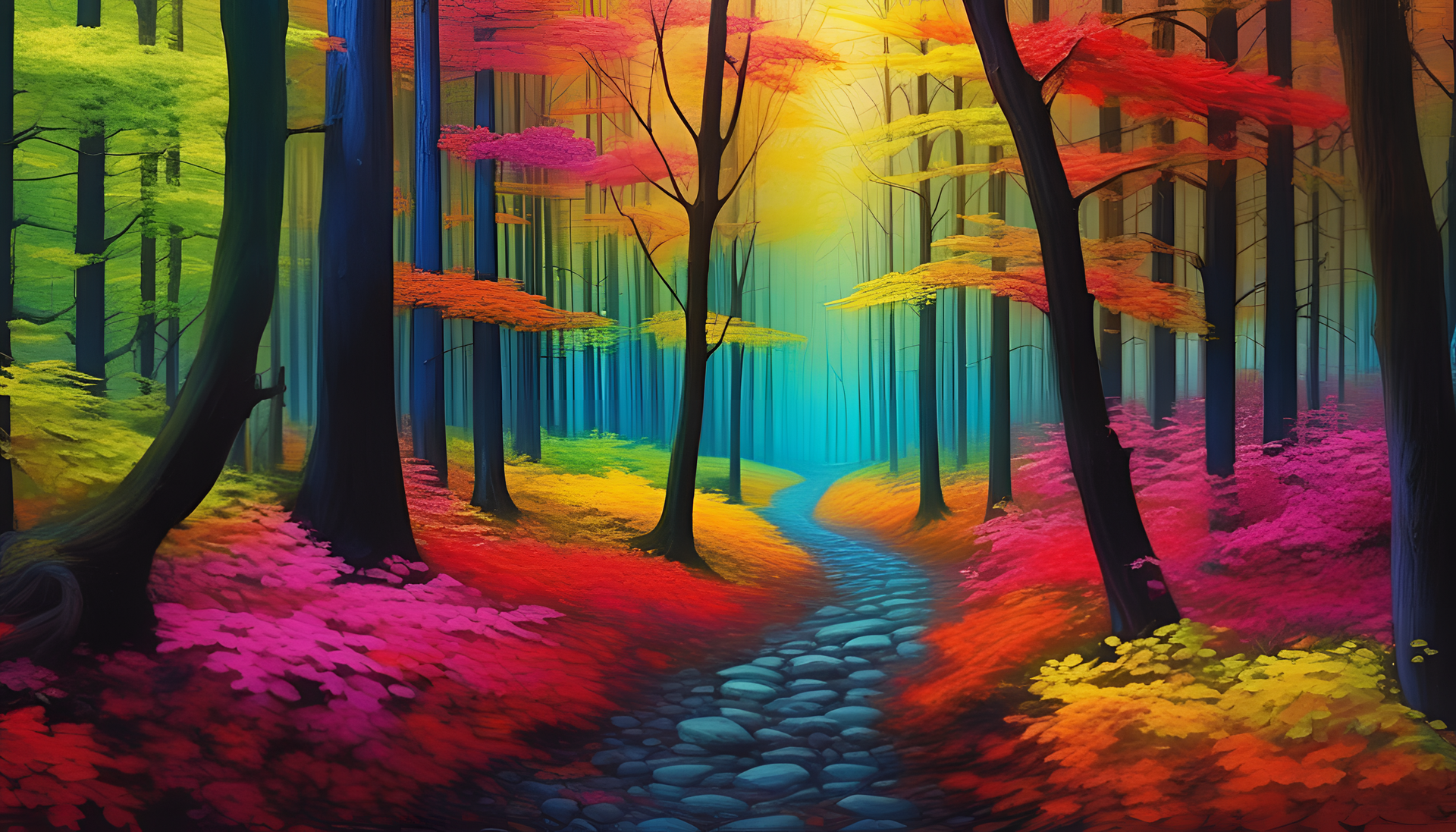 Colorful, stunning forest scenery in tetradic hues.