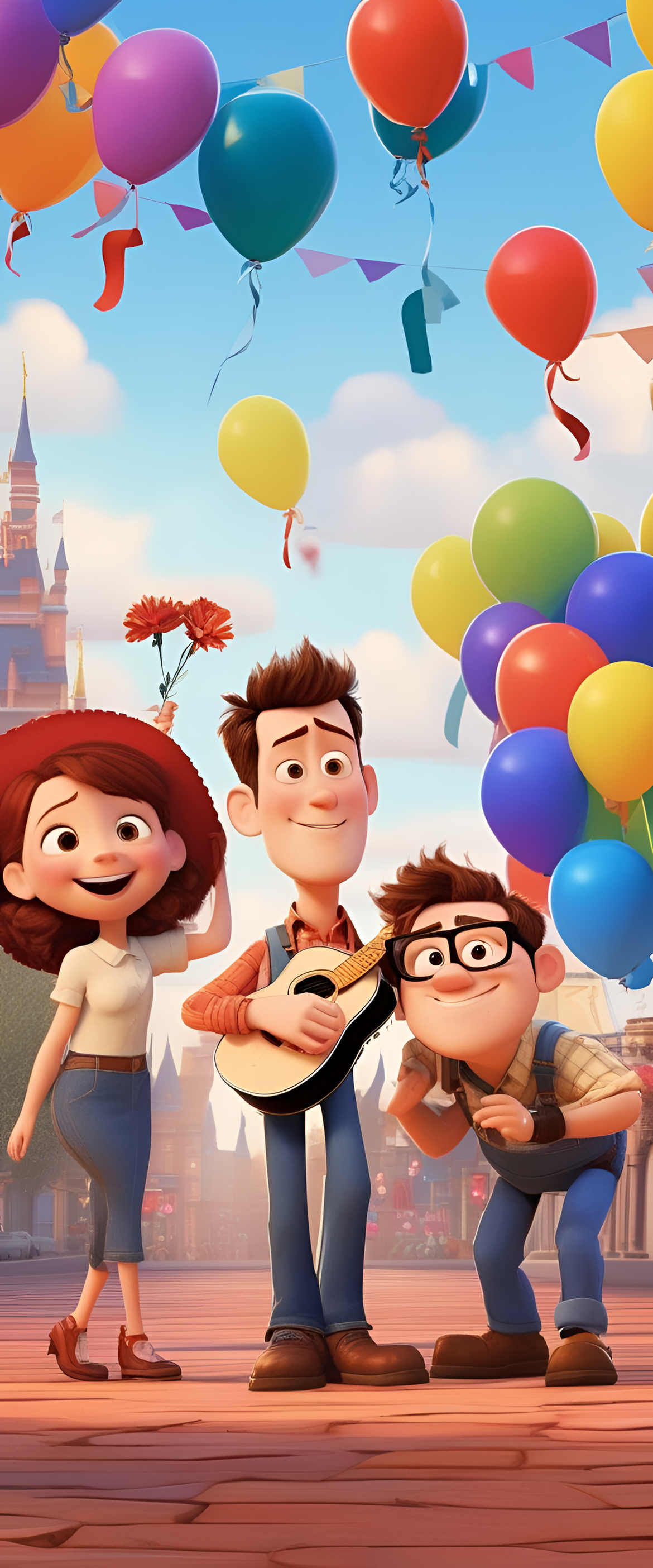 Colorful anniversary celebration art with balloons, hearts, and confetti in a joyful Pixar style.