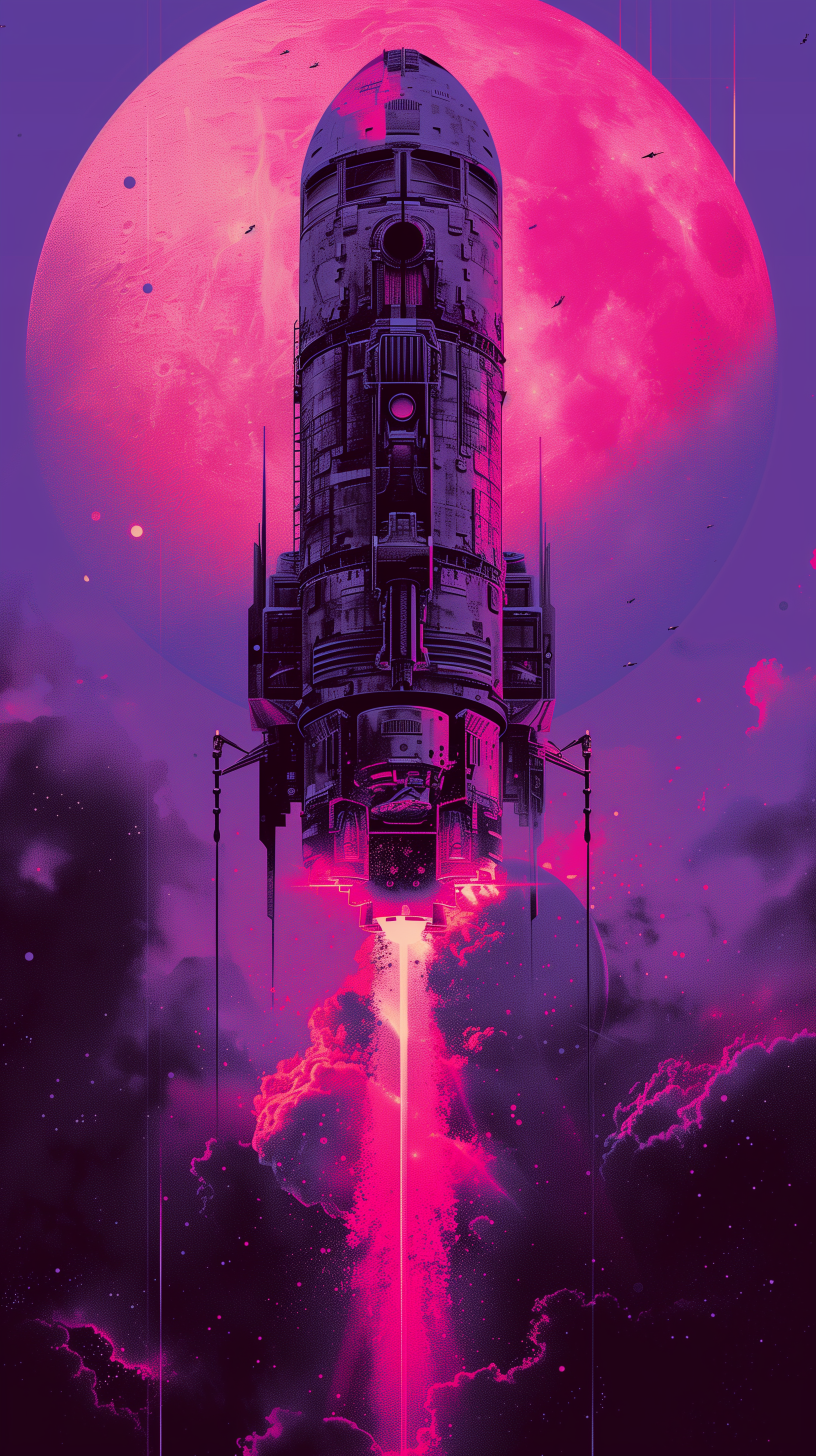 A sci-fi themed HD iPhone wallpaper featuring a rocket launching against a vibrant, pink-toned celestial background.